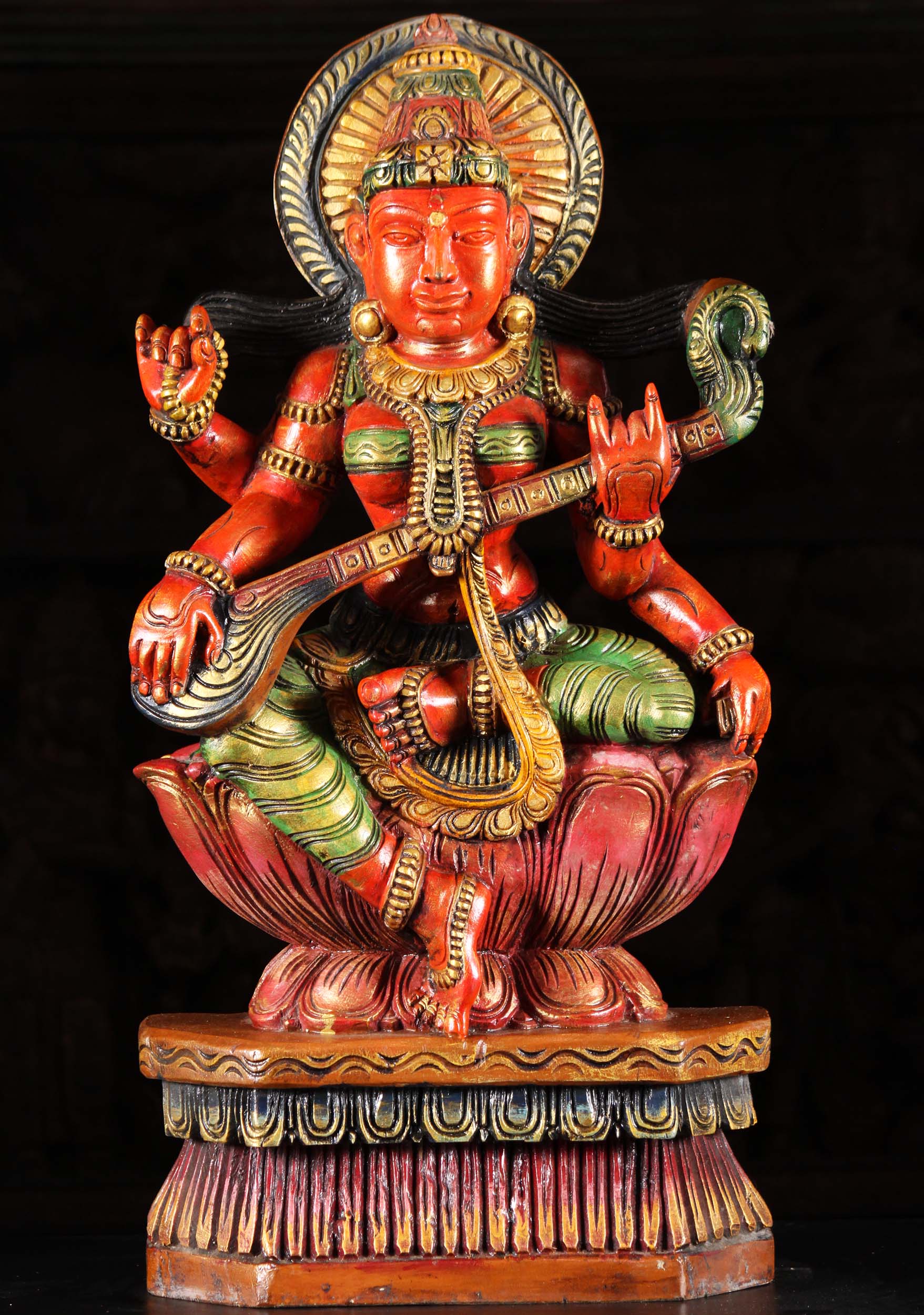 Wood Saraswati Seated on Lotus Playing Veena 24"