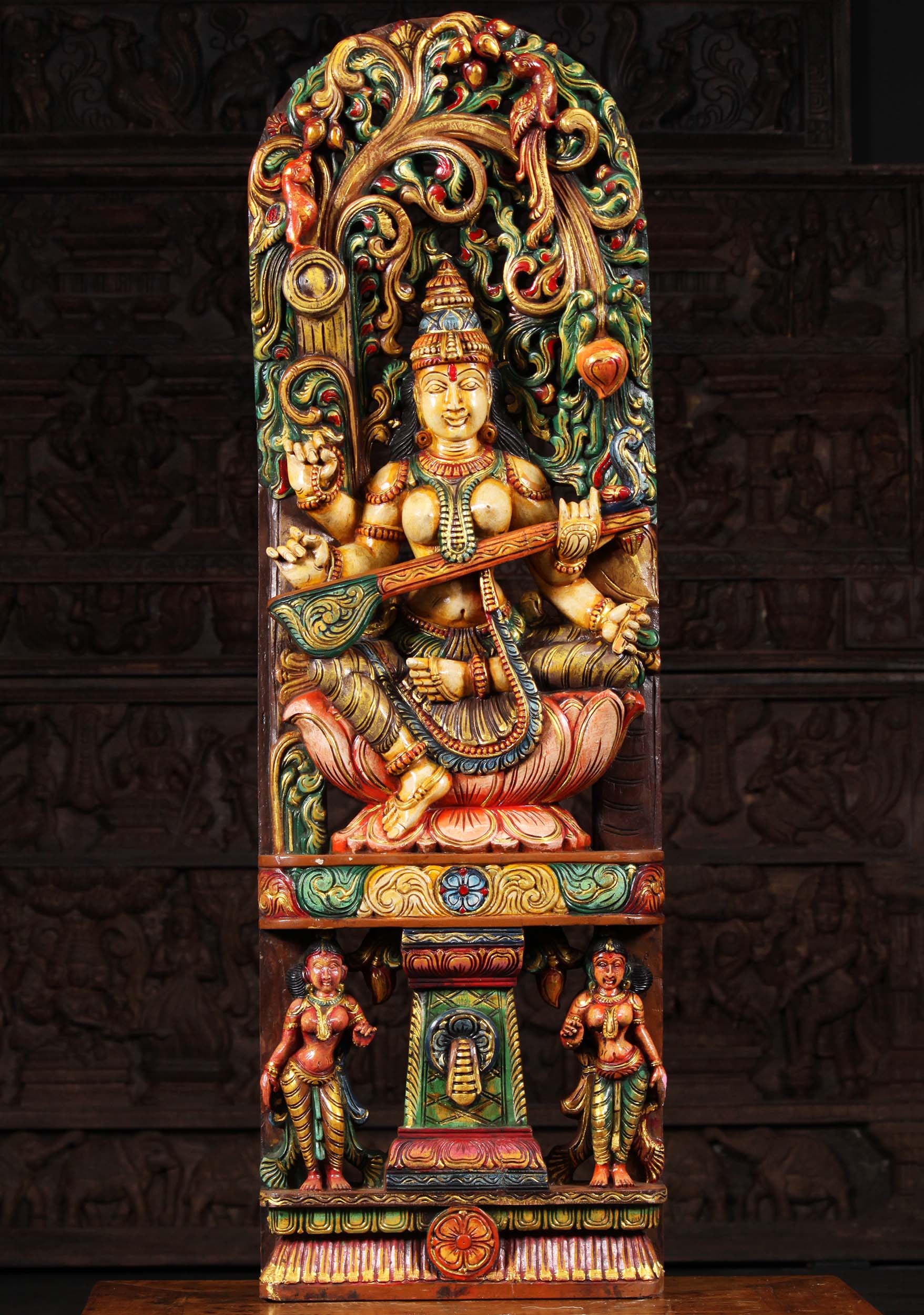 4 Foot Tall Wood Saraswati Carving Playing Veena Under Canopy with Temple Dancers on Base 48"