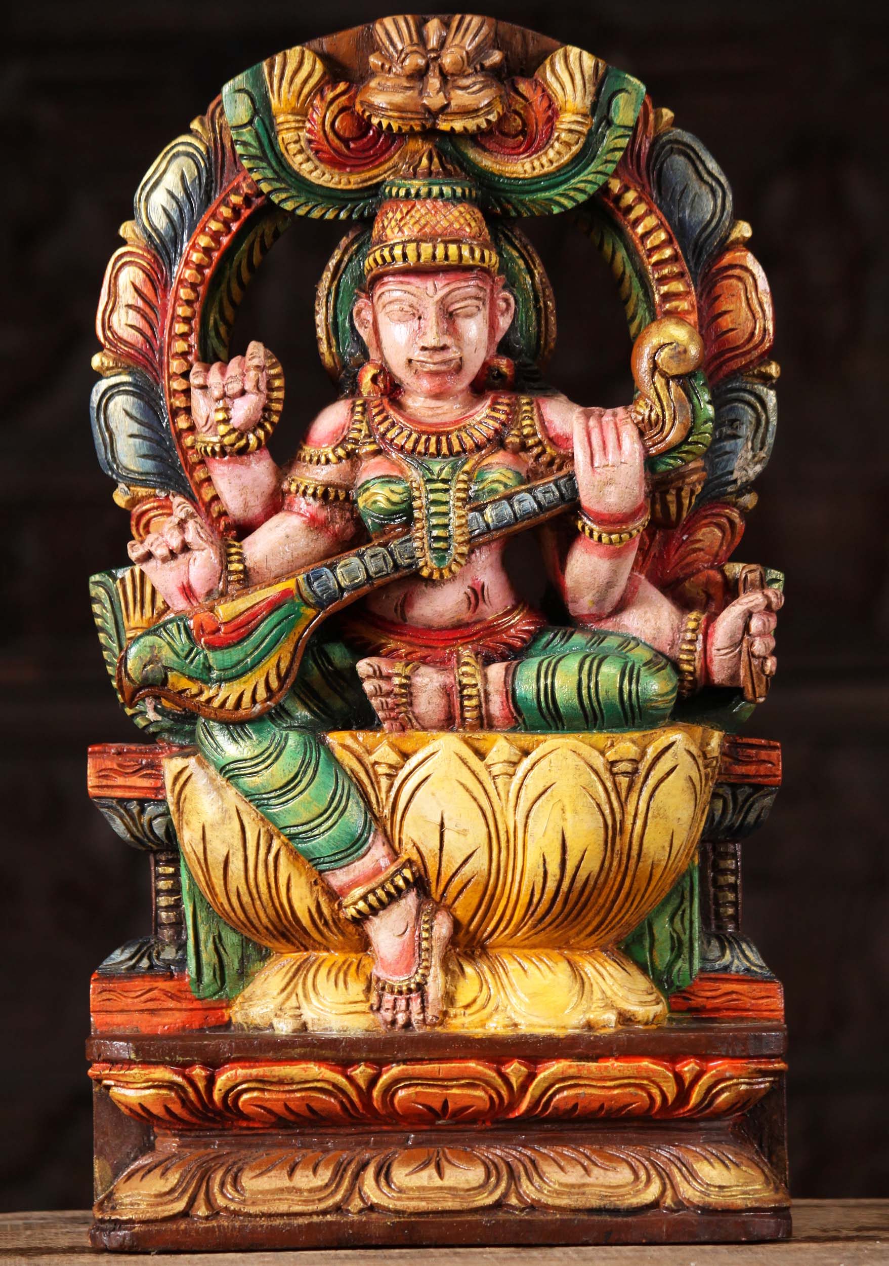 Colorful Wooden Saraswati the Hindu Goddess of Wisdom Carving Playing Veena with Arch 18"