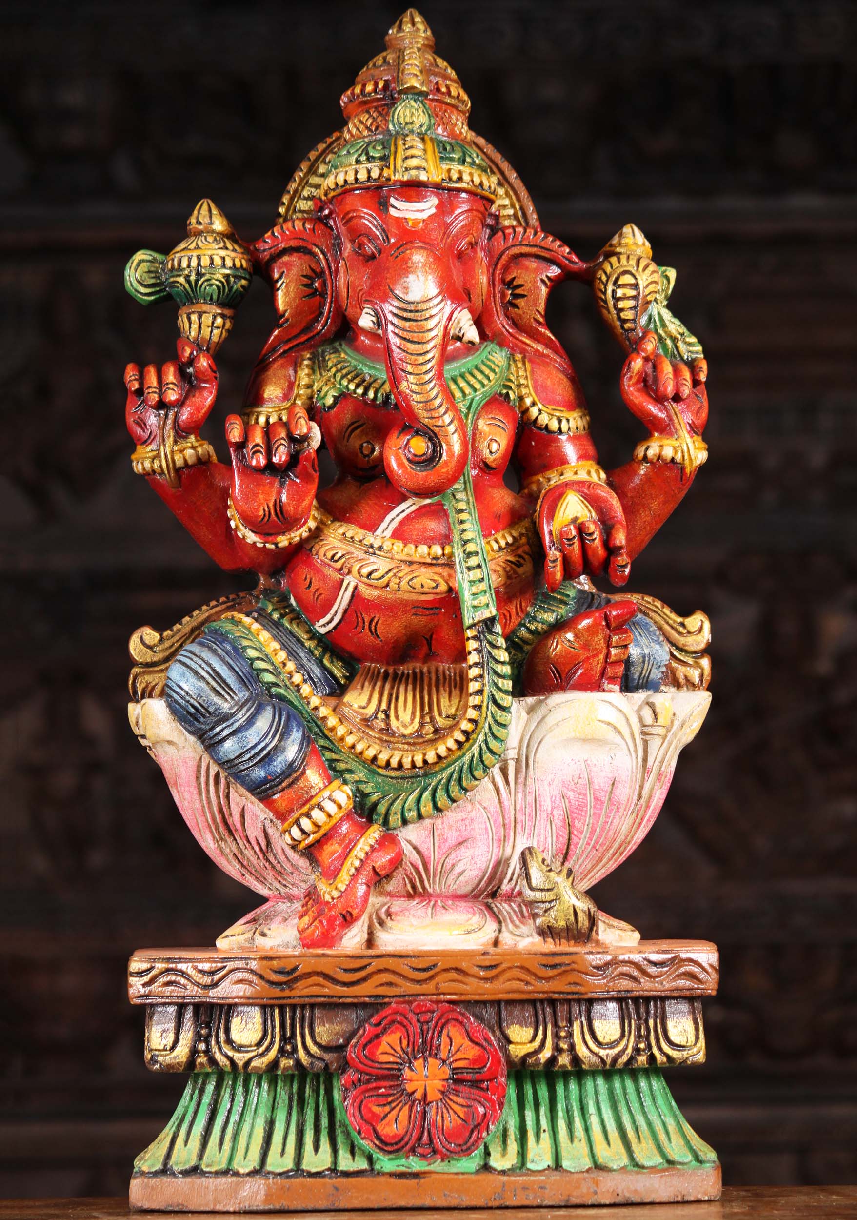 Wood Red Seated Ganesh Carving 24"