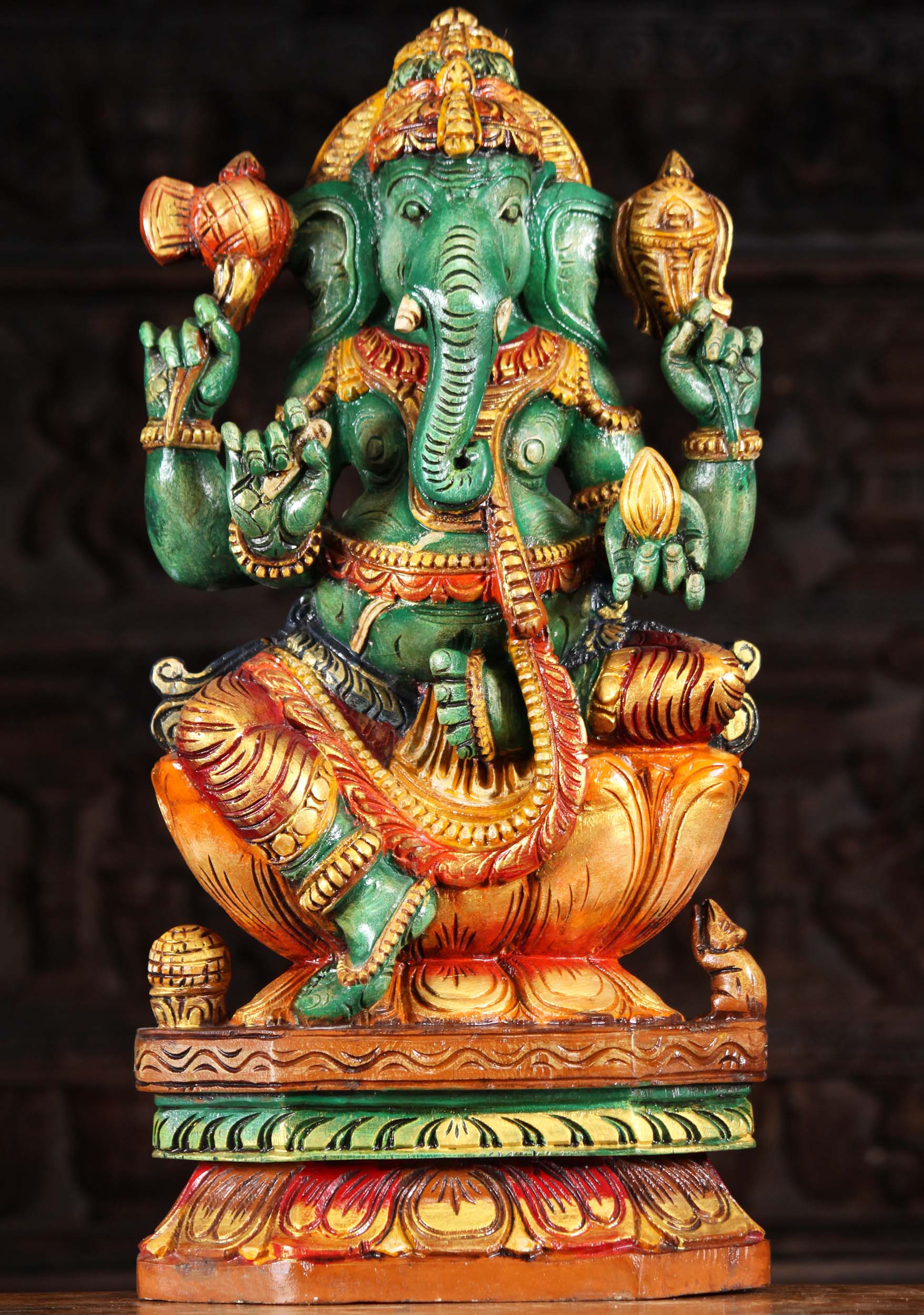 Wood Seated Green Ganesha Carving 24"