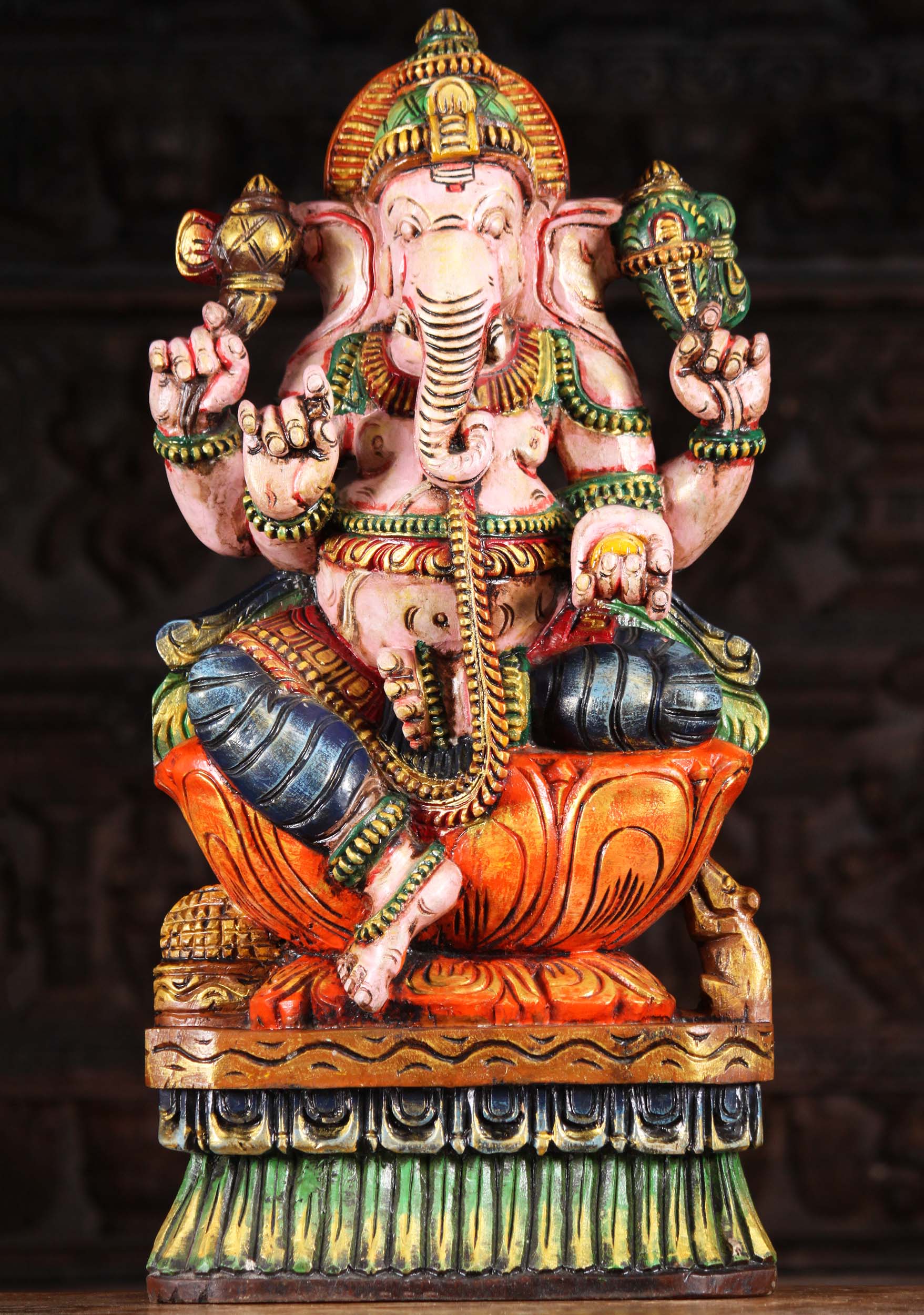 Wooden Pink Seated Ganesha Statue 24"