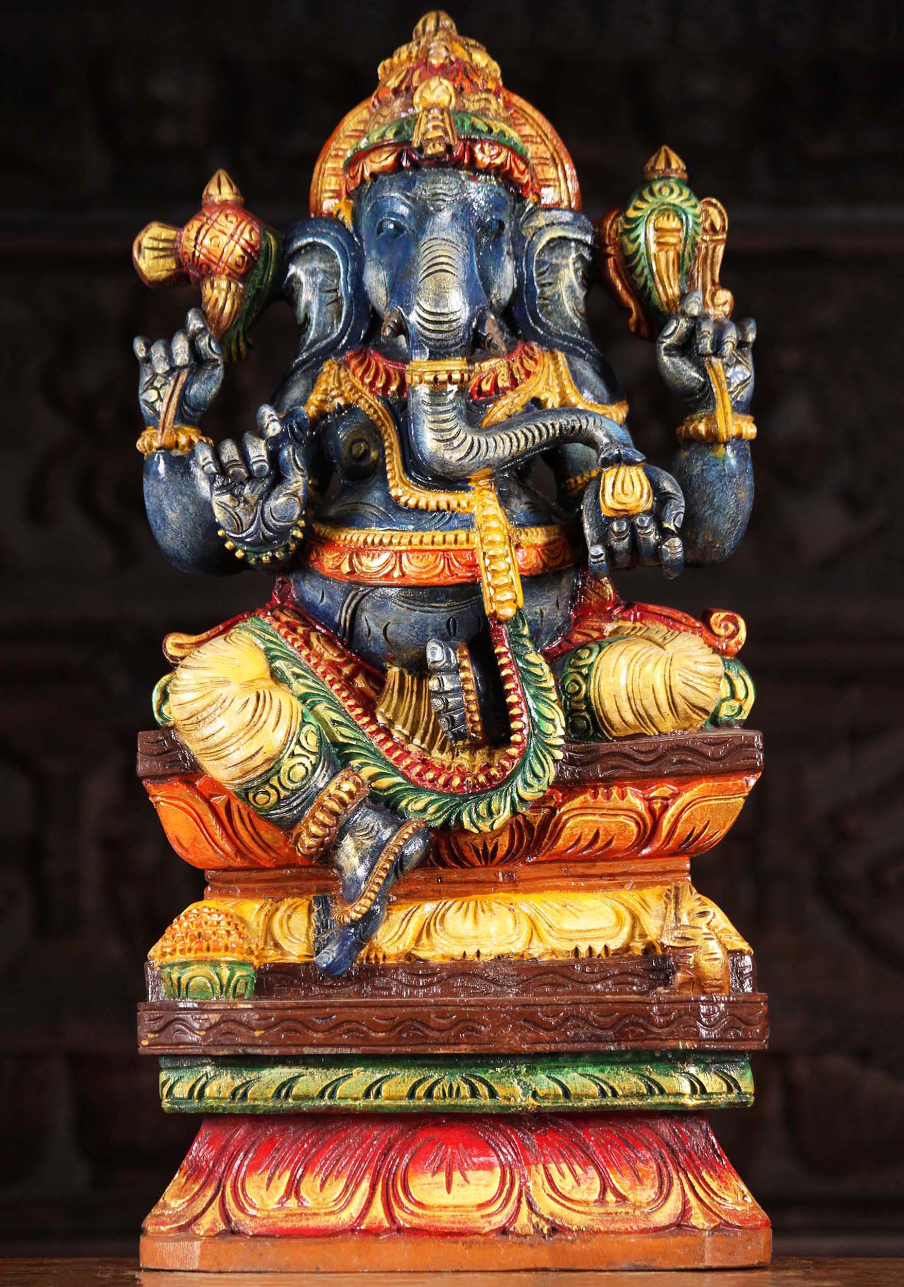 Wood Blue Seated Ganesha Sculpture 24"