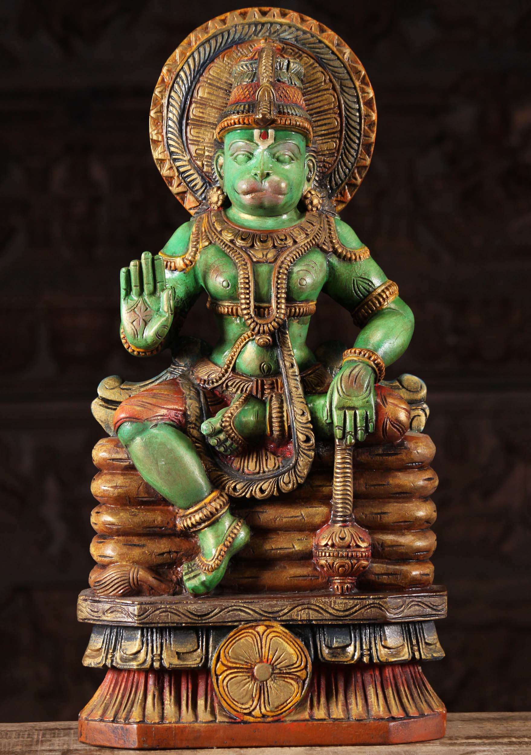 Wood Seated Abhaya Mudra Hanuman Statue 24"