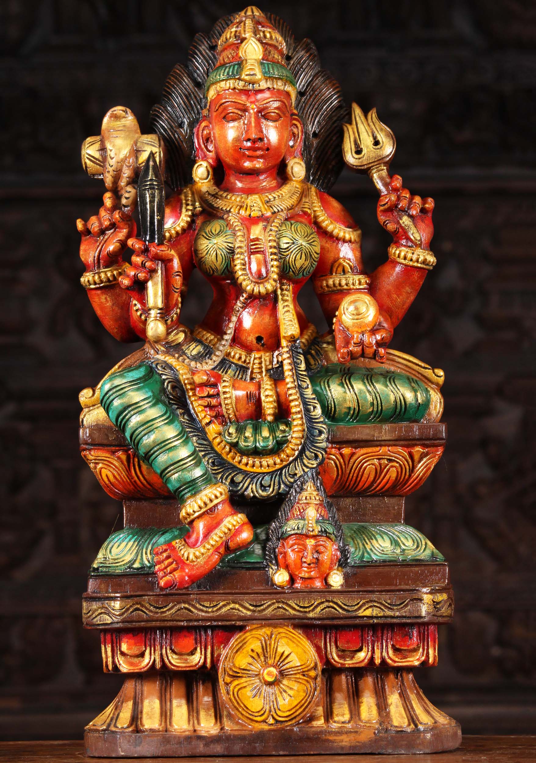 Wood Shakti Mariamman Carving with Trident 24"