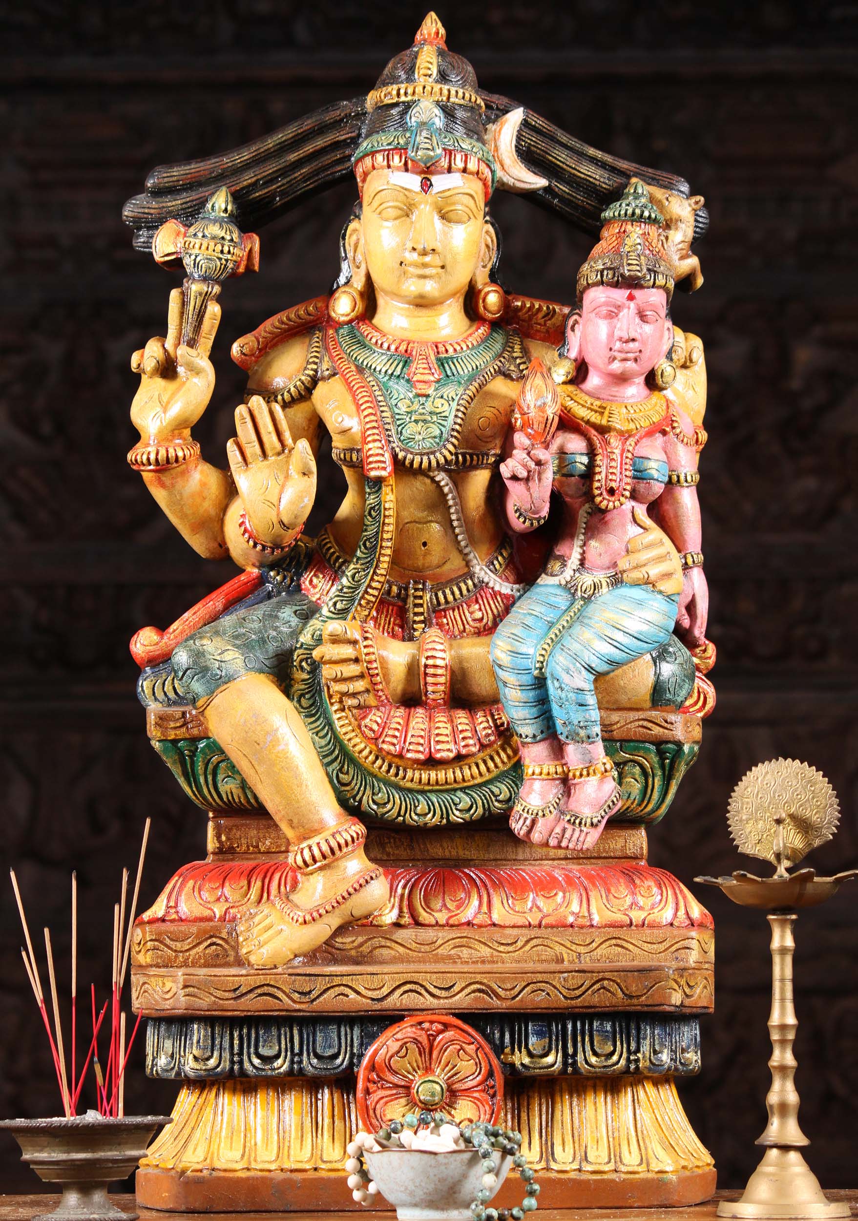 Wooden Shiva Holding His Wife, Parvati 30"