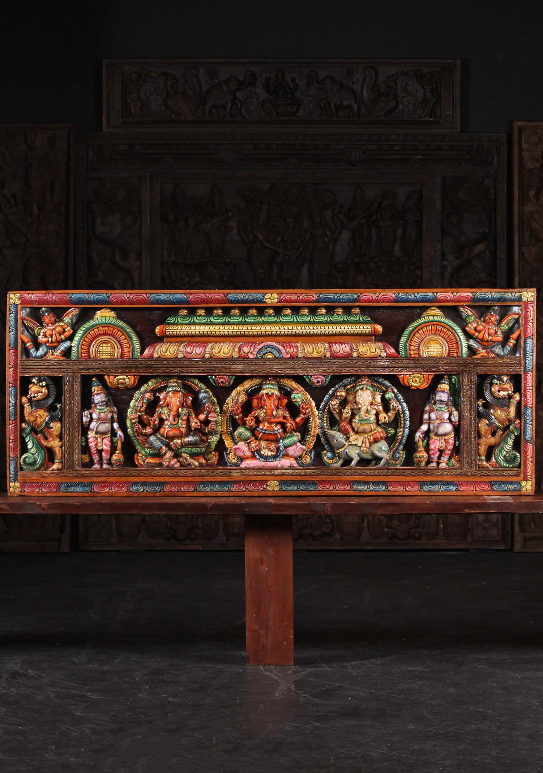 Wooden Wall Panel with 3 Ganeshas & 2 Apsaras Hand Carved in South India 61"