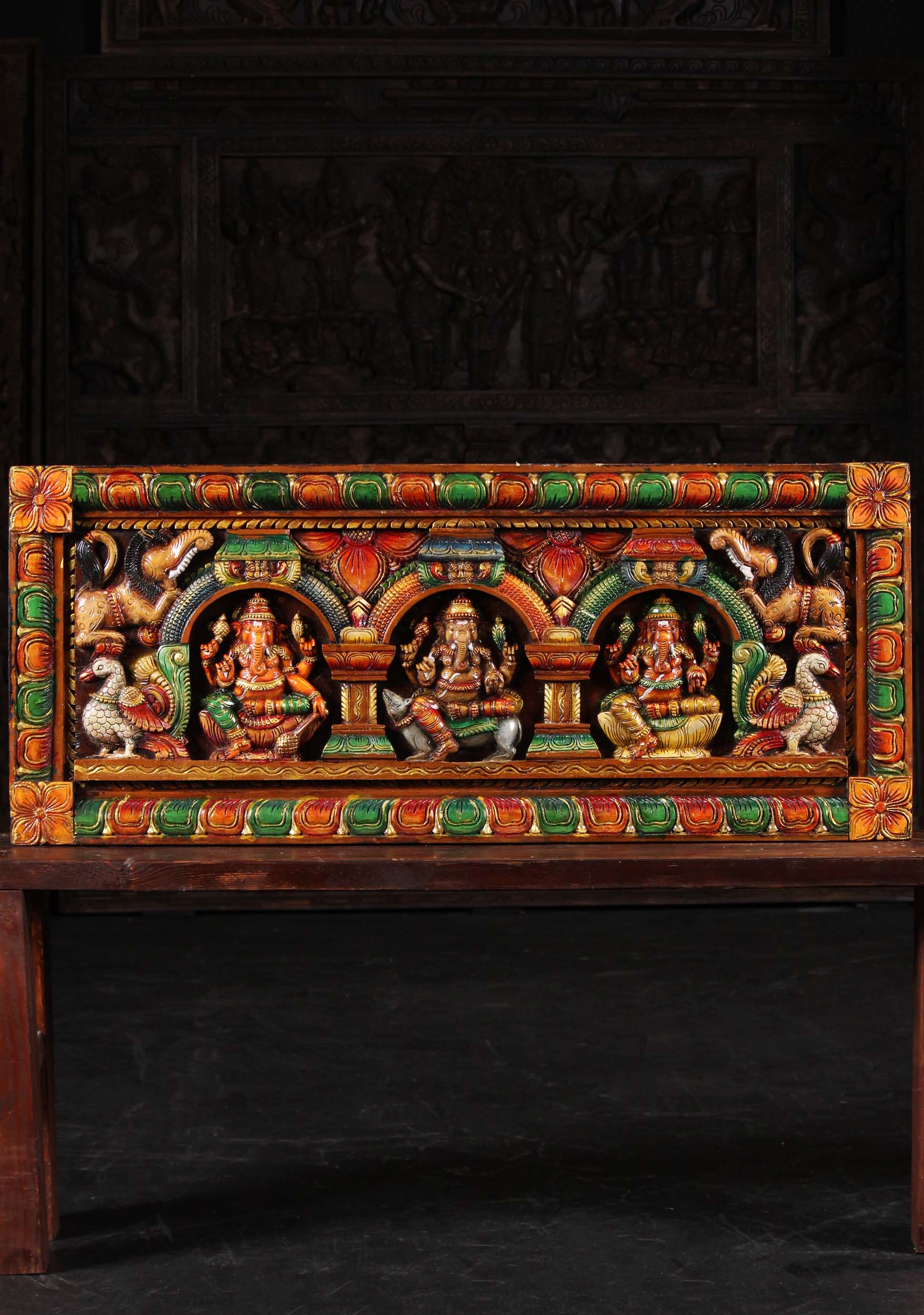 Wood Ganesh Wall Panel with Yali & Peacocks 42"