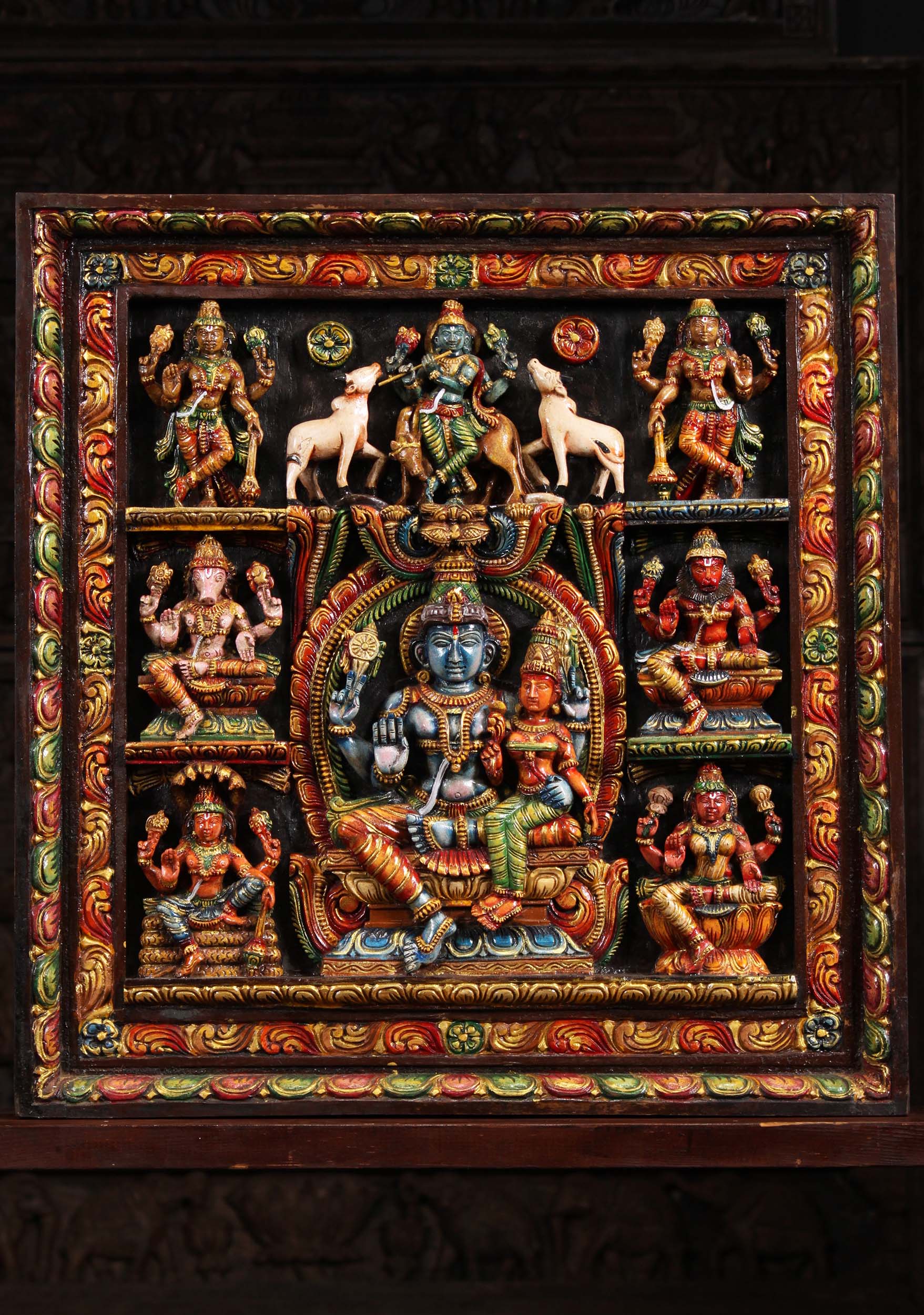 Wood Vishnu Panel with Varahi, Narasimha 30.5"