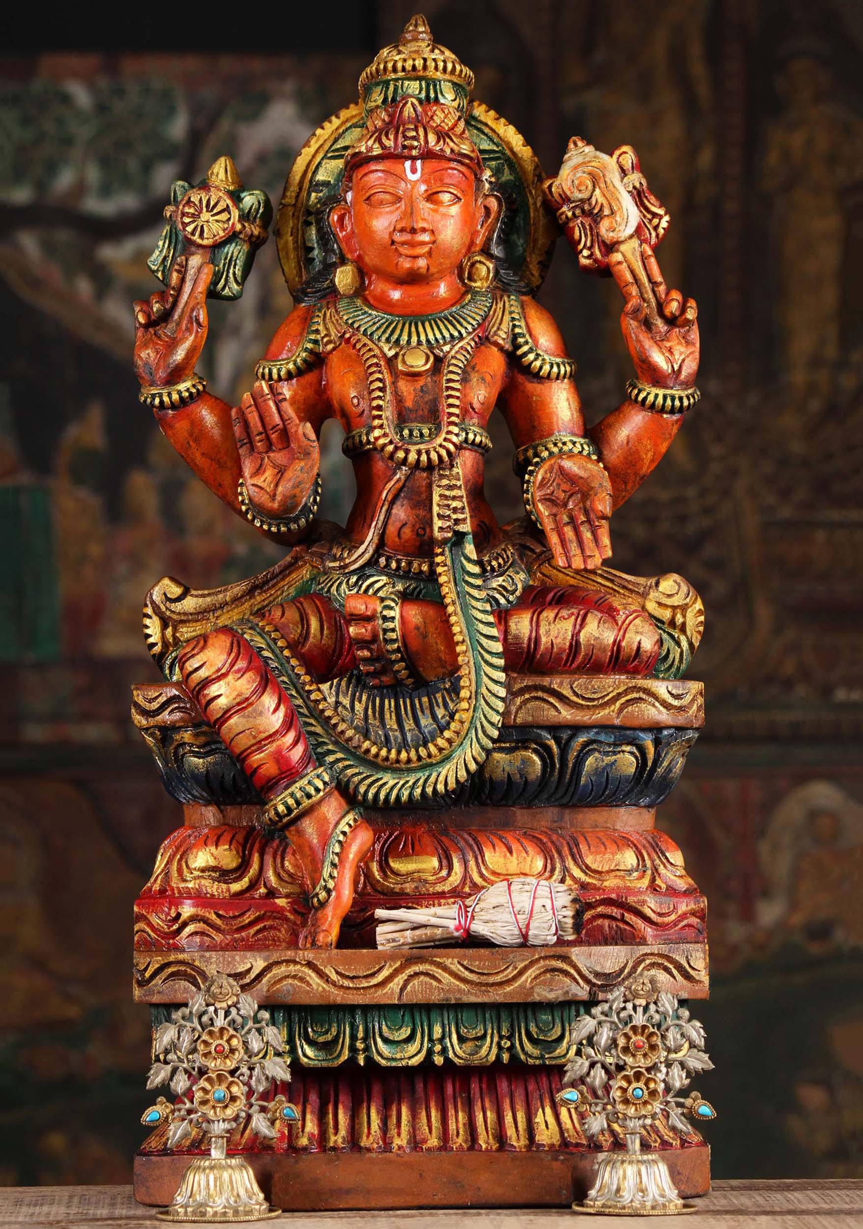 Wooden Painted Vishnu Sculpture 24"