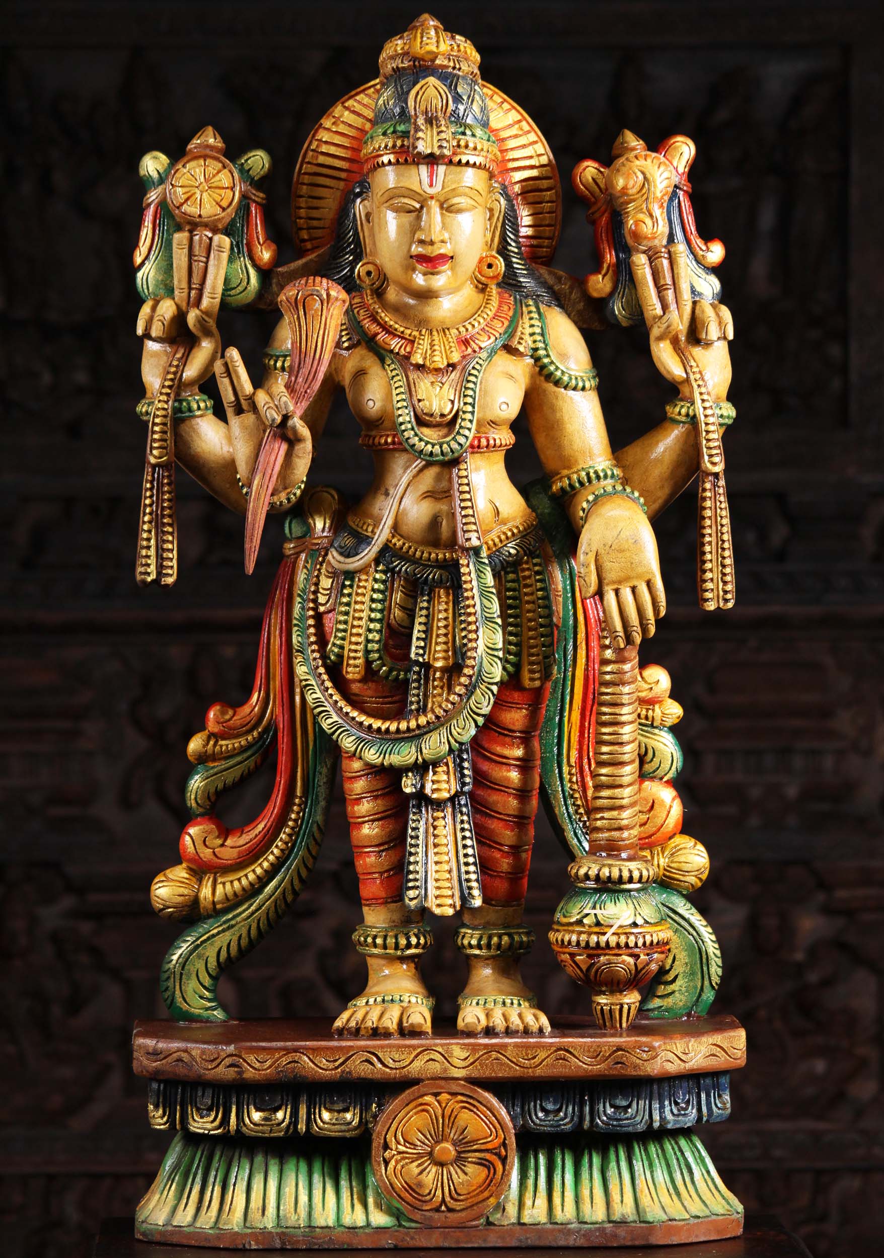 Wood Vishnu Statue Holding Large Club 36" (#98w9ab): Hindu Gods