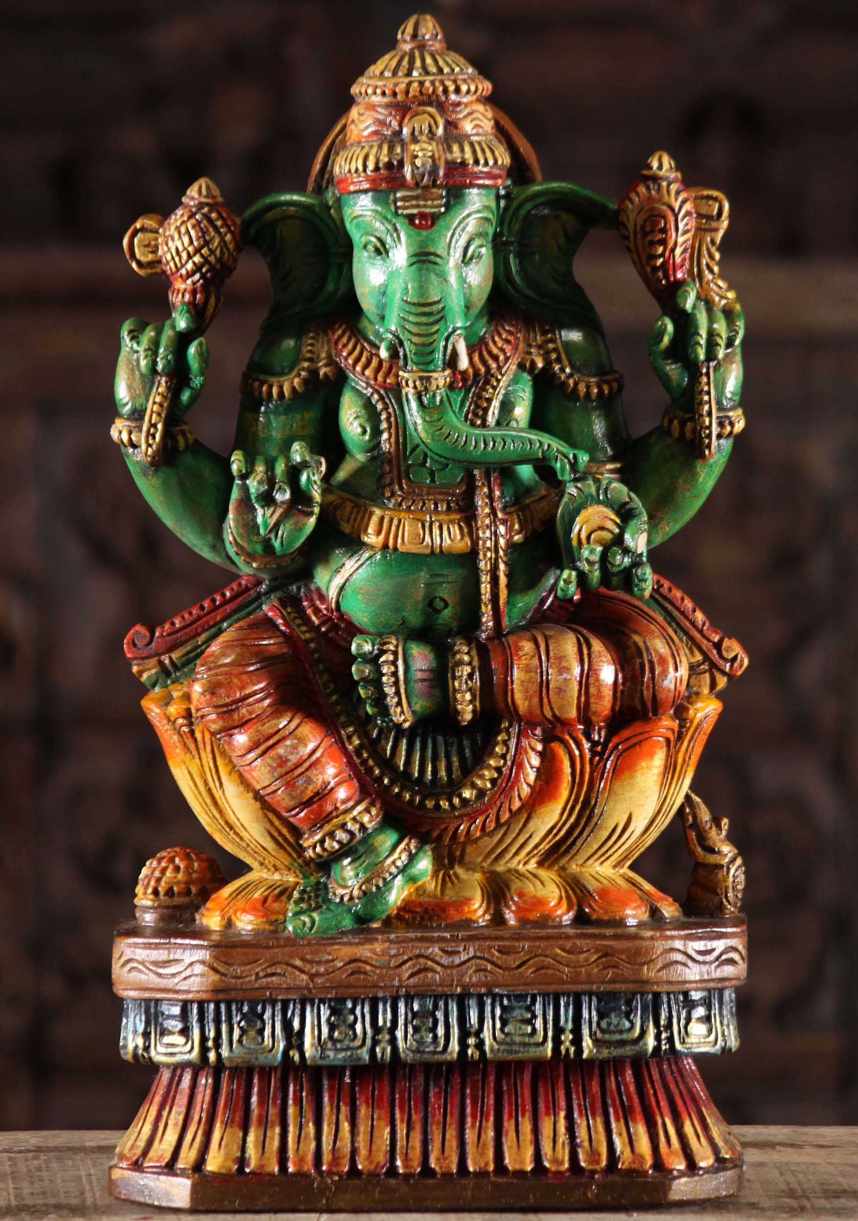 Painted Wooden Green Ganapathi Sculpture 18"