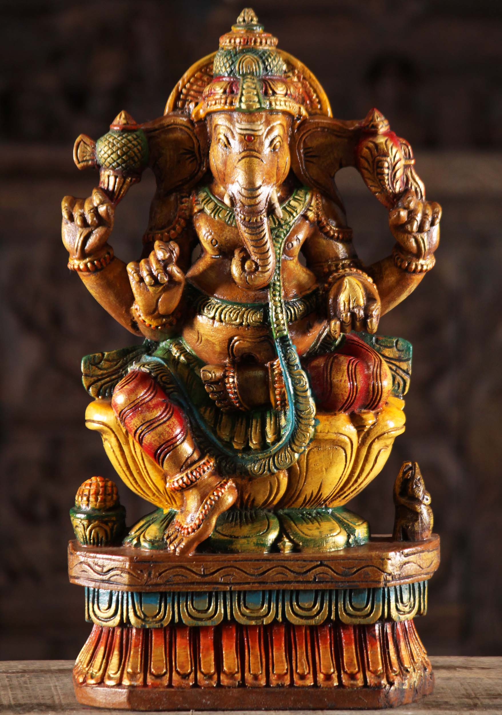 Painted Wood Ganapathi Statue Holding Mango 18"