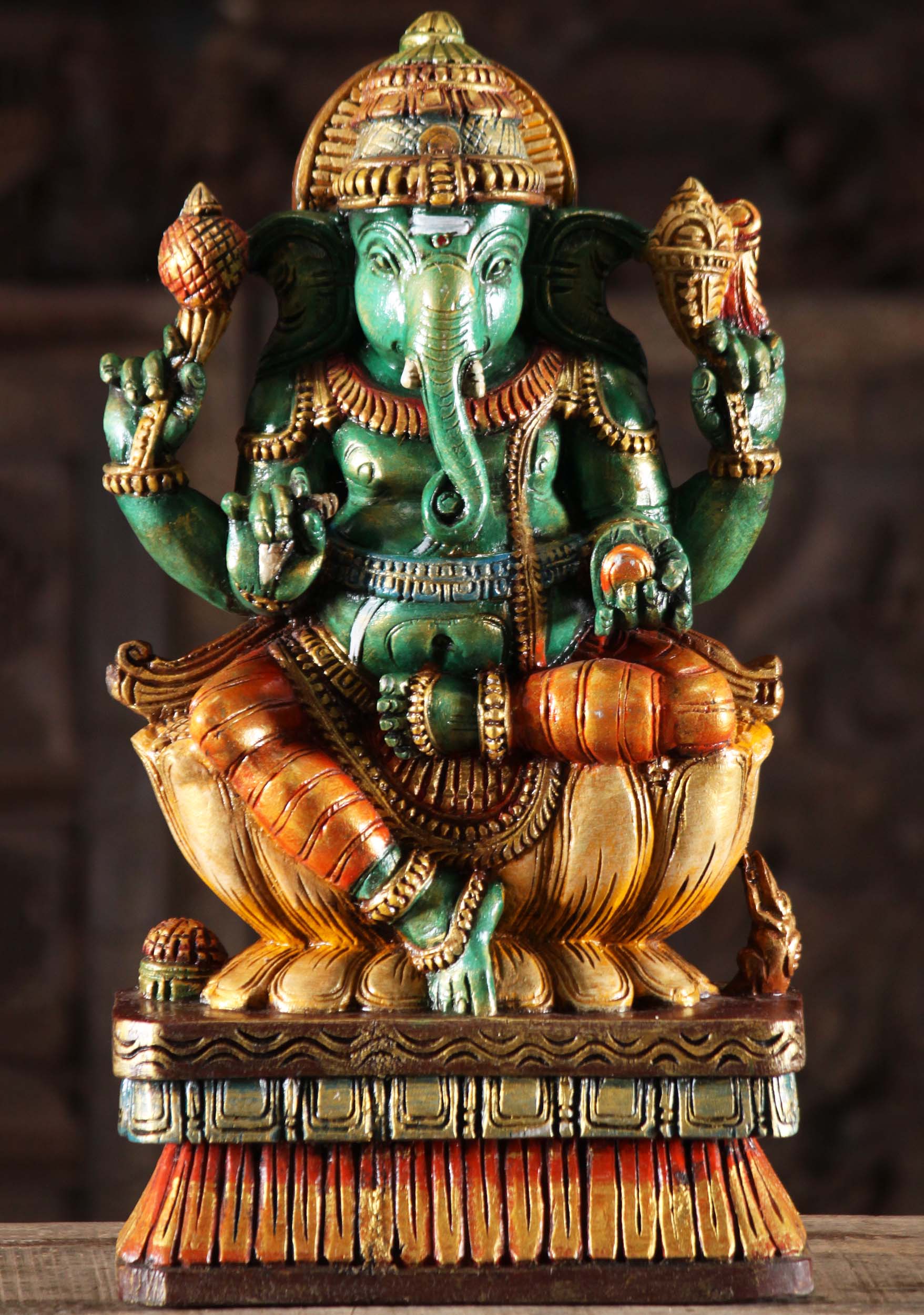 Painted Wooden Green Ganesh Carving 18"