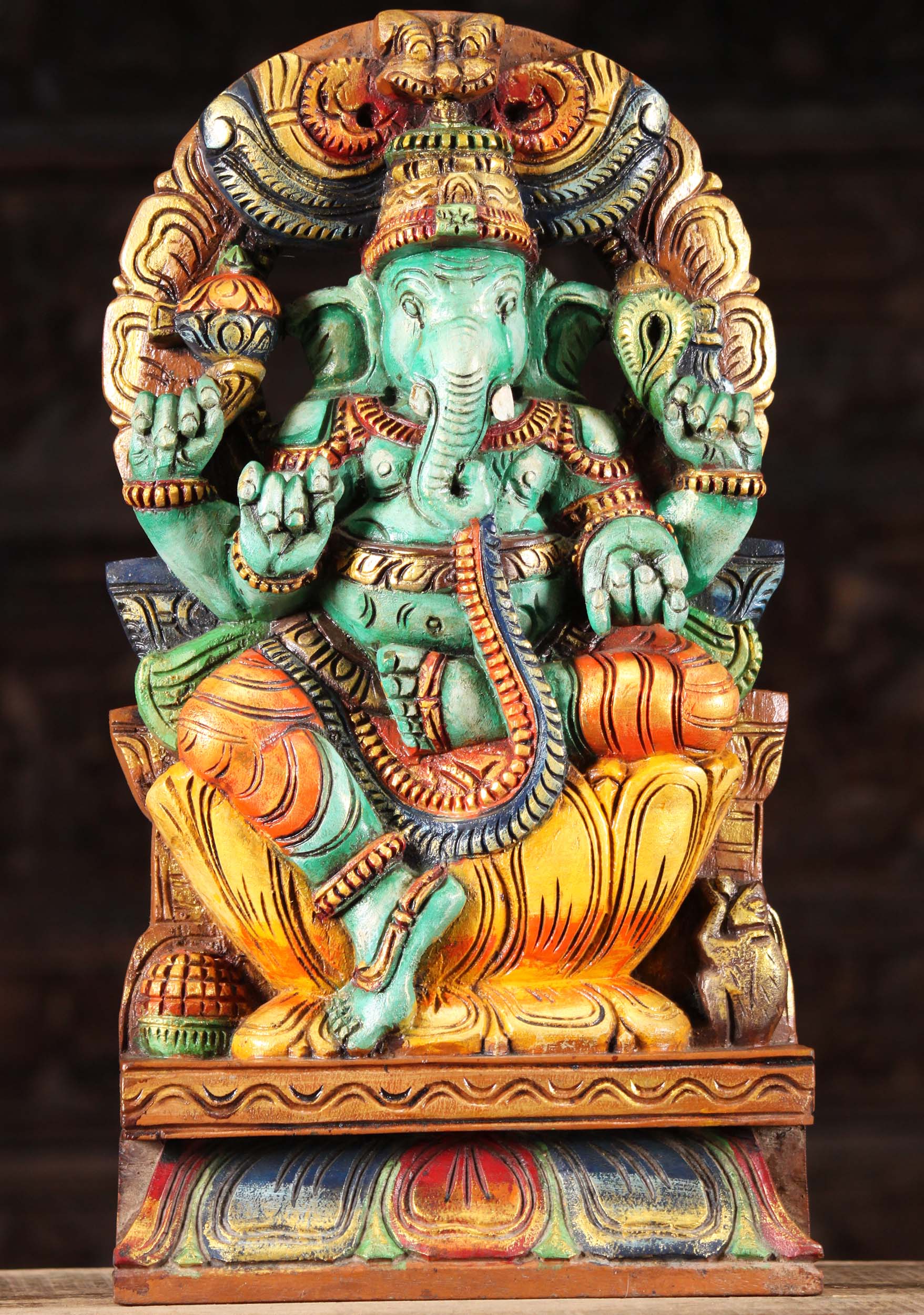 Wood Ganesh with Arch Sculpture 18"