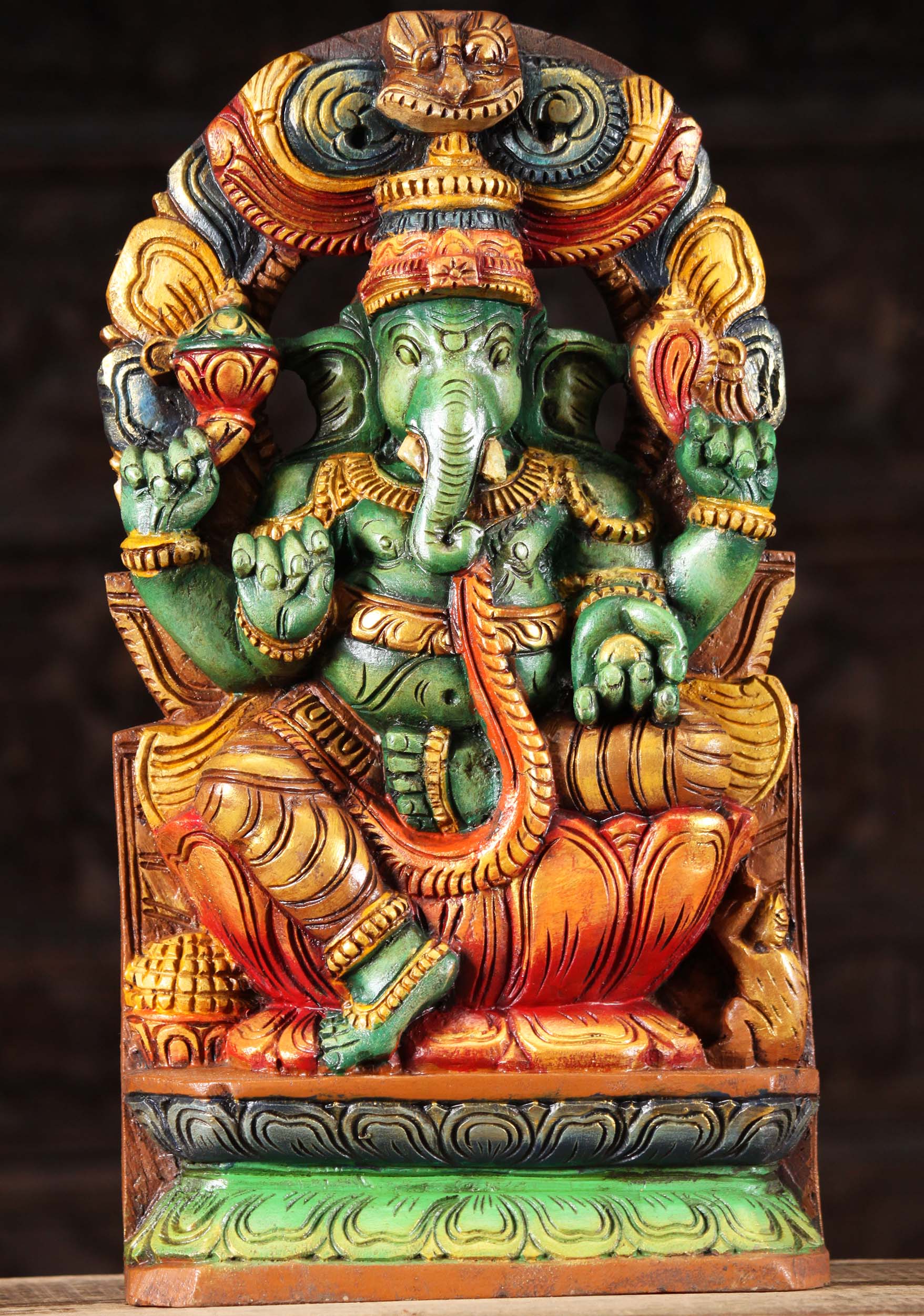 Wooden Green Ganesh with Mahakala Arch 18"