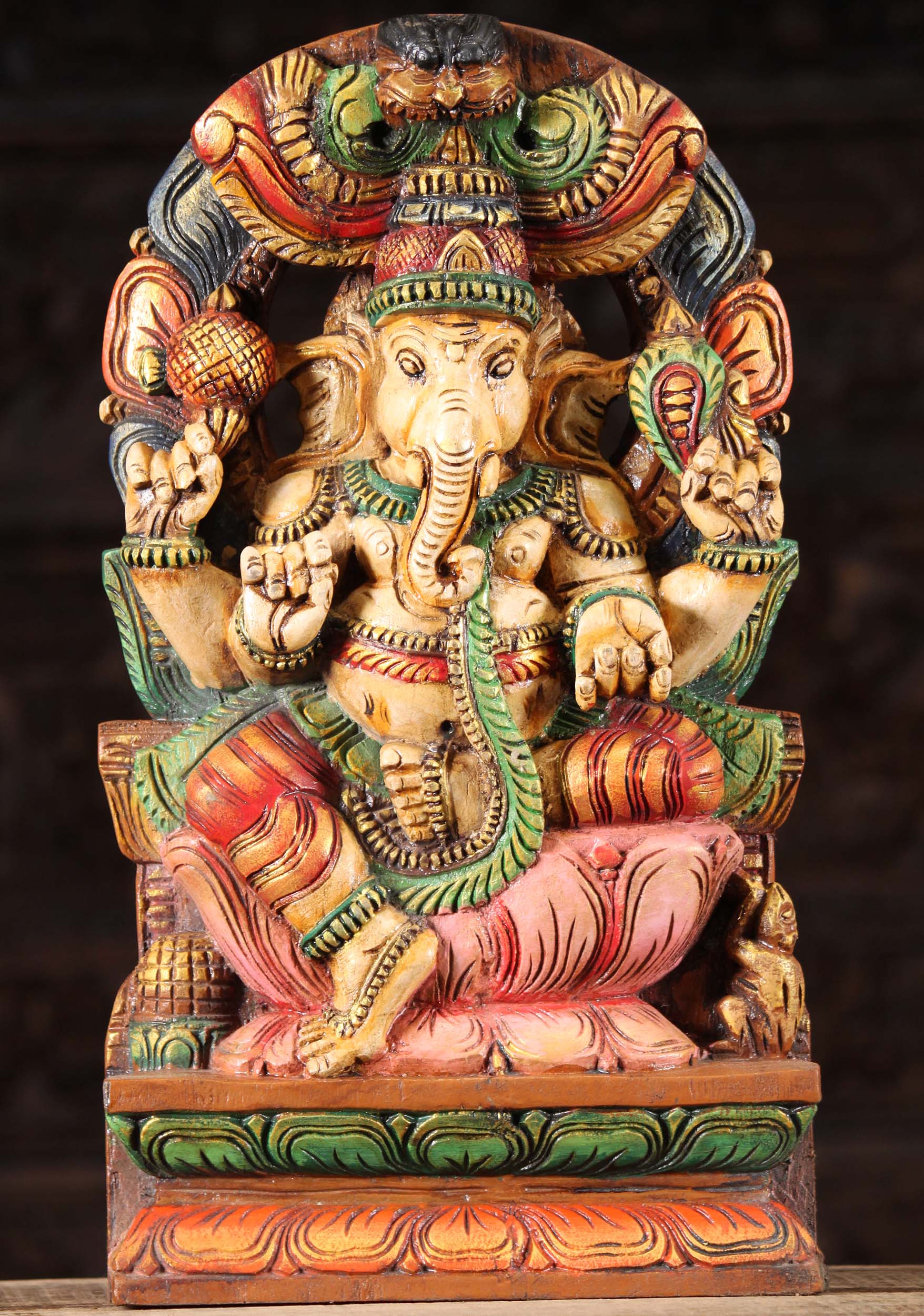 Wood Ganesh Statue with His Broken Tusk  18"