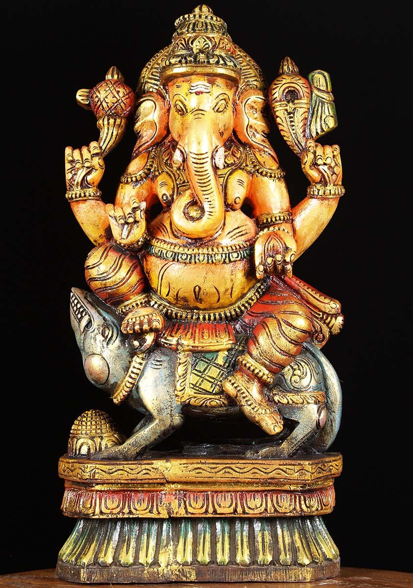 Wooden Ganesh Statue Riding Mooshika 24"