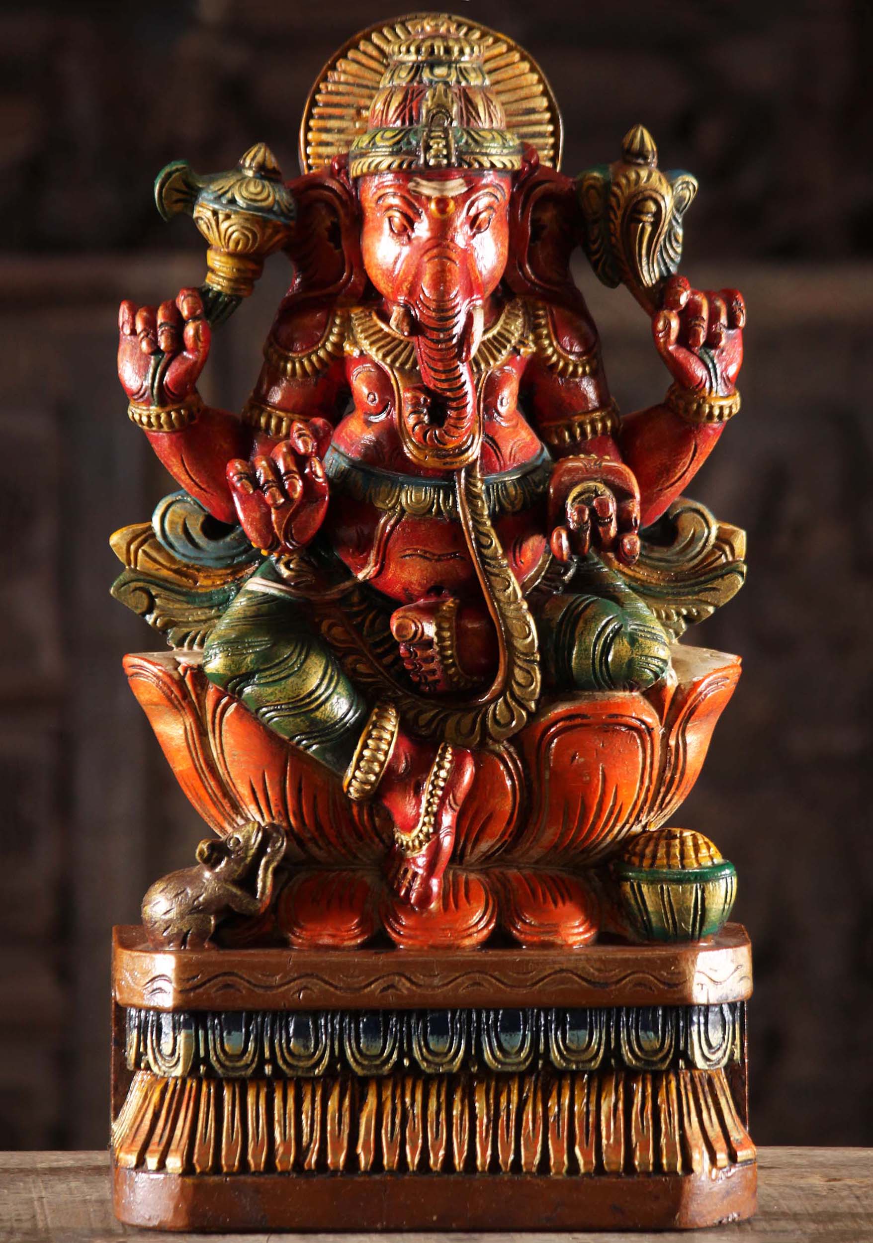 Painted Wooden Ganesh Sculpture with Rat 18"