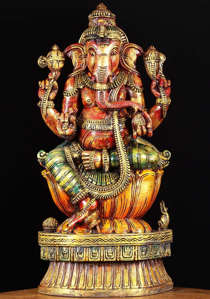 Wooden Seated Ganesh Statue 24"