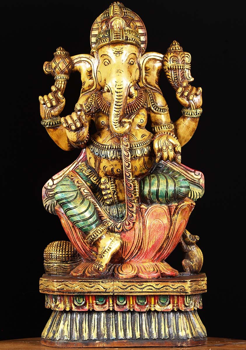 Painted Wooden Ganesh Statue 24"