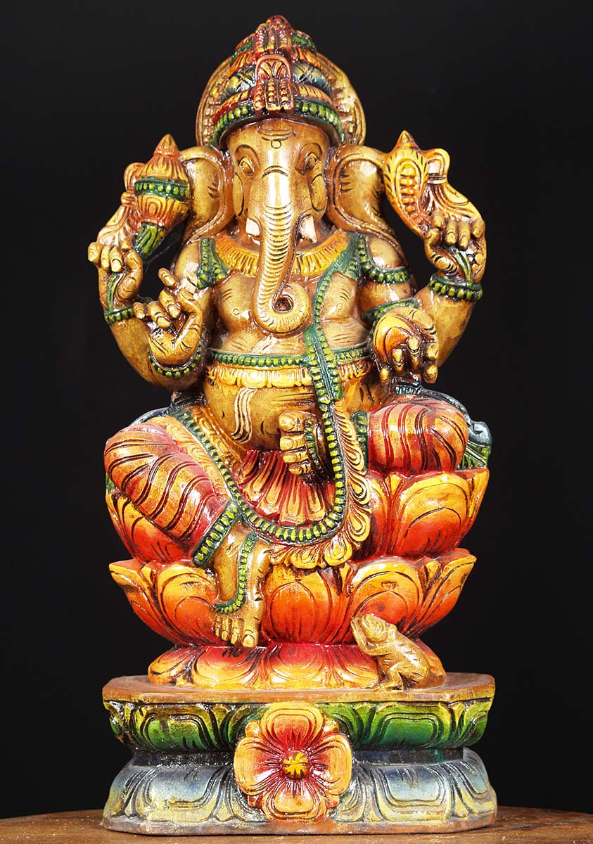 Wooden Seated Ganesha Statue 24"