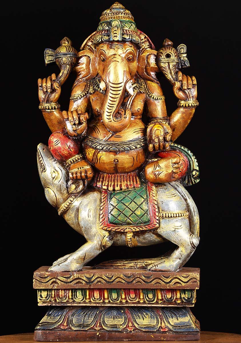 Painted Wooden Ganesha Seated on Rat 24"