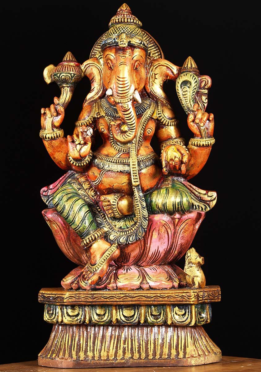 Painted Wooden Ganesha Statue 24"