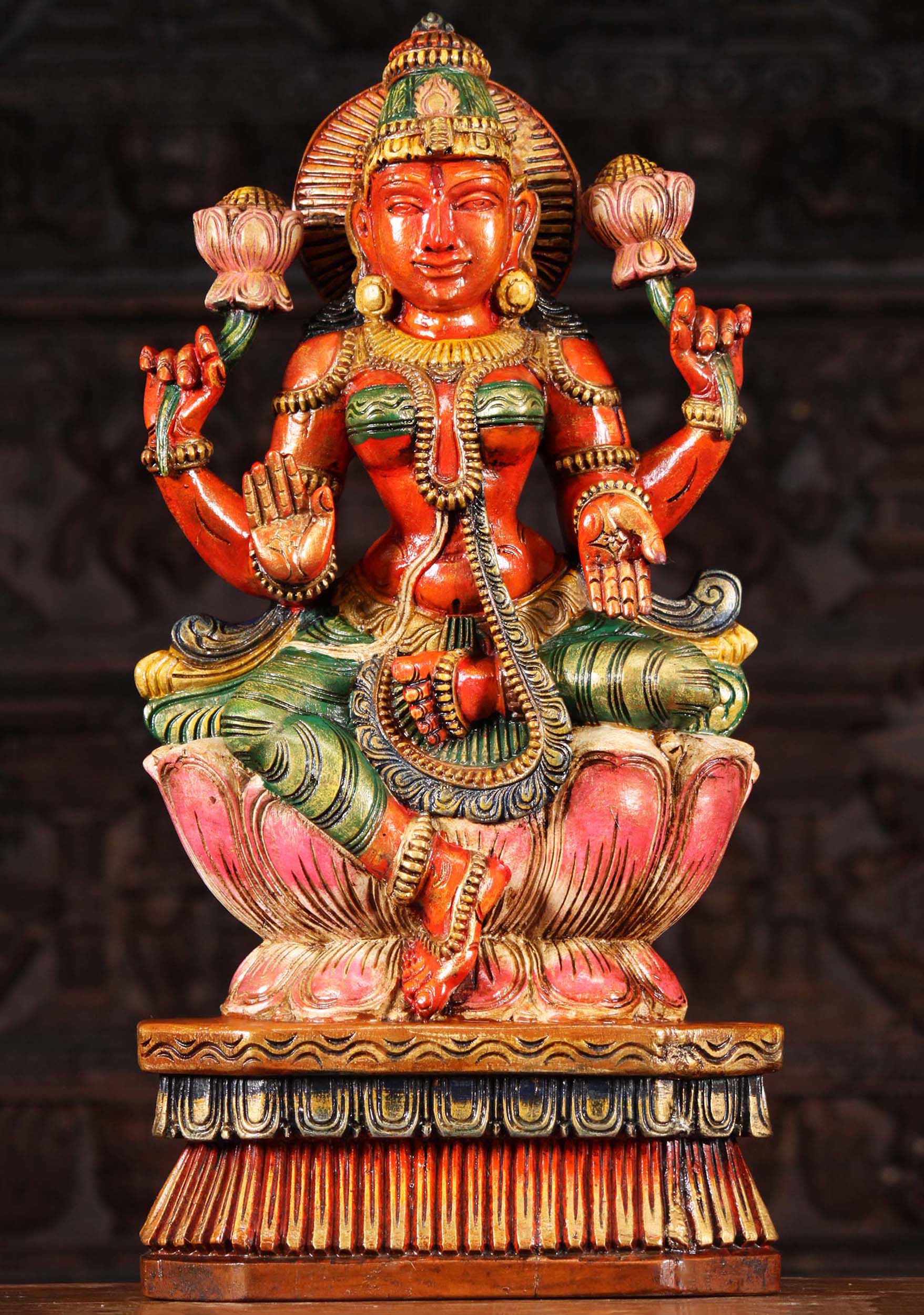 Wooden Red Lotus Flower Lakshmi Statue 24"