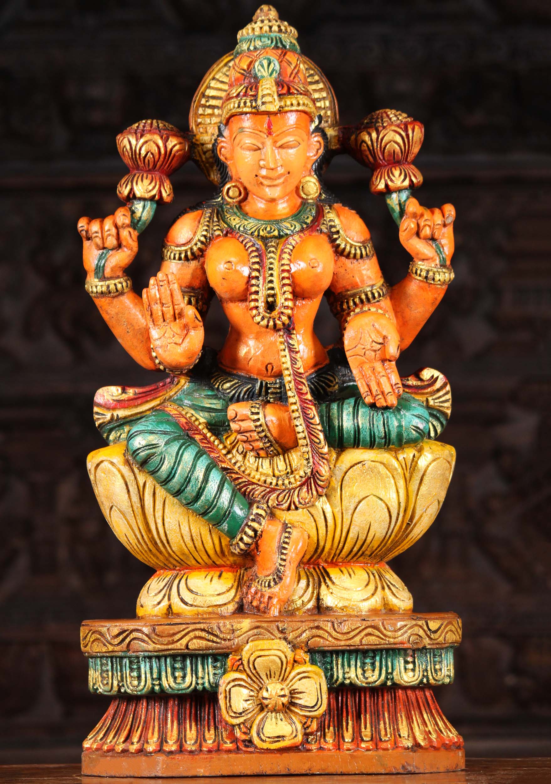 Wooden Seated Lakshmi Sculpture the Hindu Goddess of Wealth Holding 2 Lotus Flowers 24"