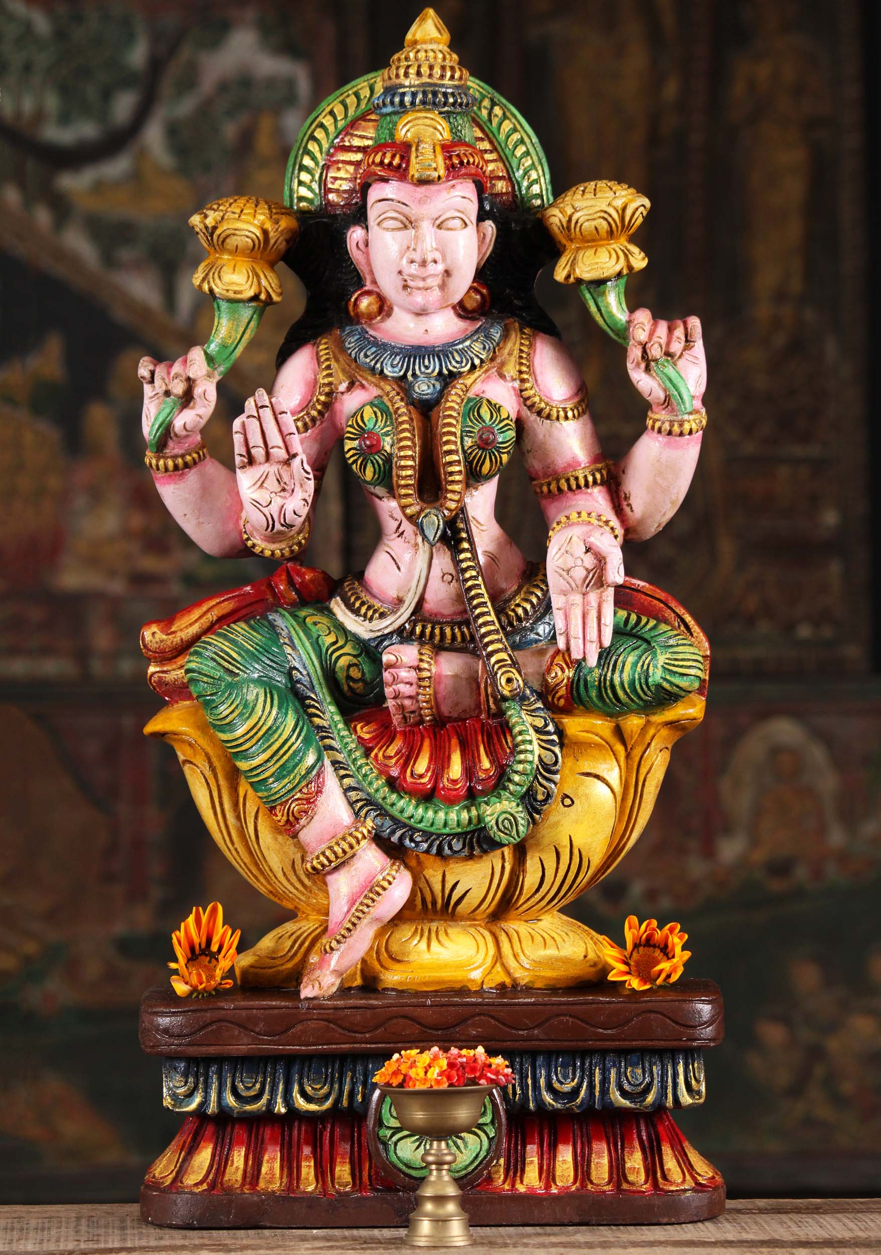 Wooden Painted Lotus Lakshmi Statue 24"