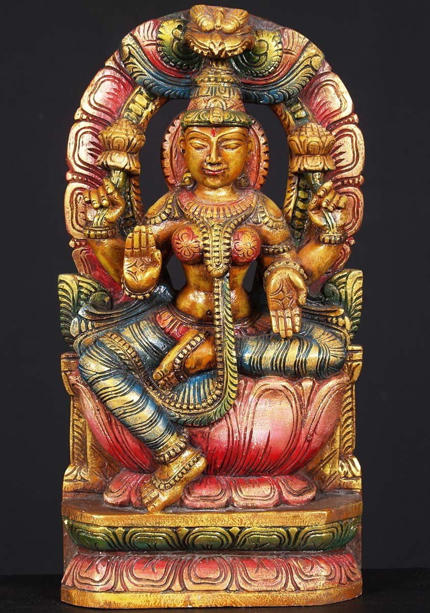 Painted Wooden Lakshmi Statue 18"