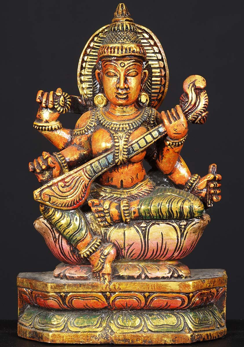 Wooden Painted Saraswati Statue 12"