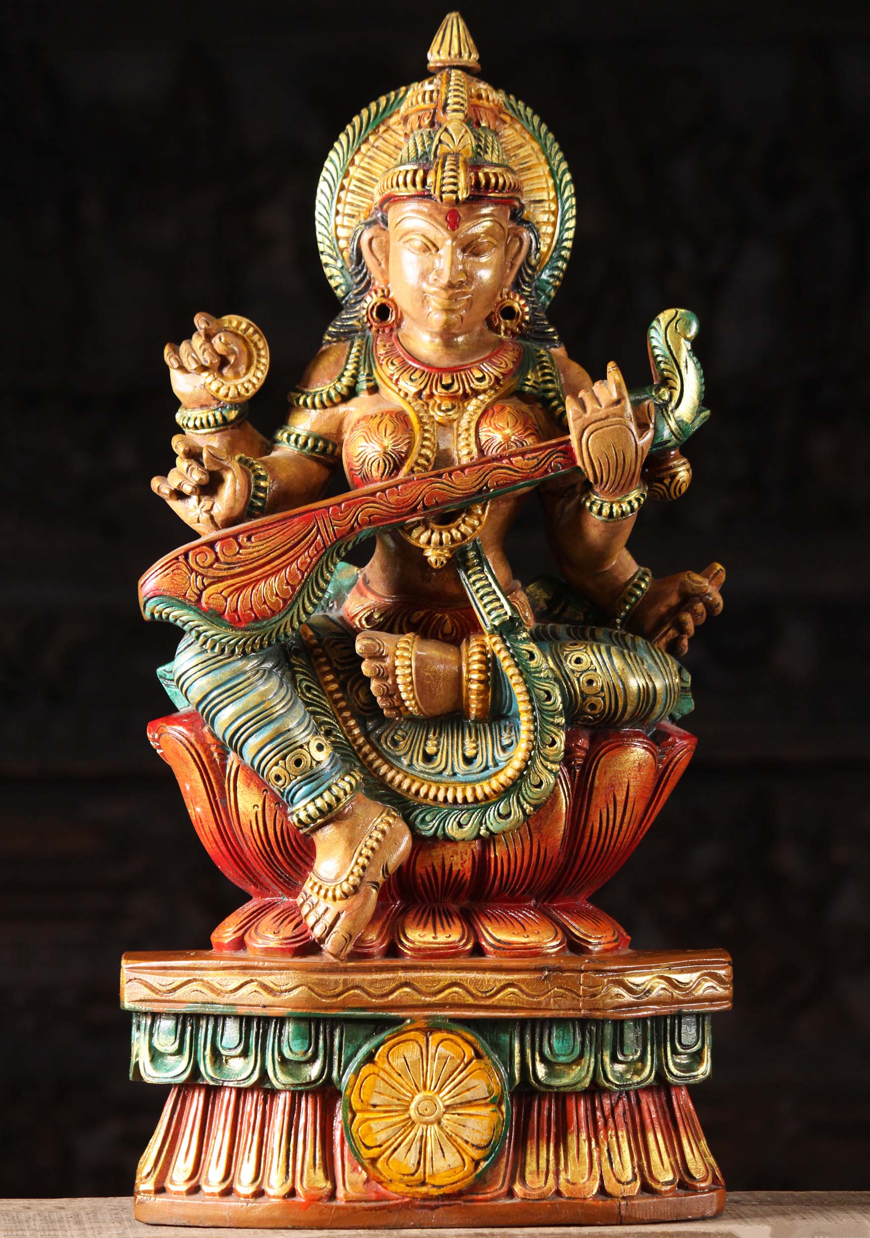 Wooden Saraswati Statue Playing the Veena 24"