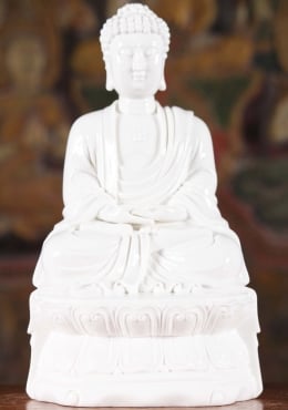 White Porcelain Buddha Statue Meditating on Double Lotus Base Perfect