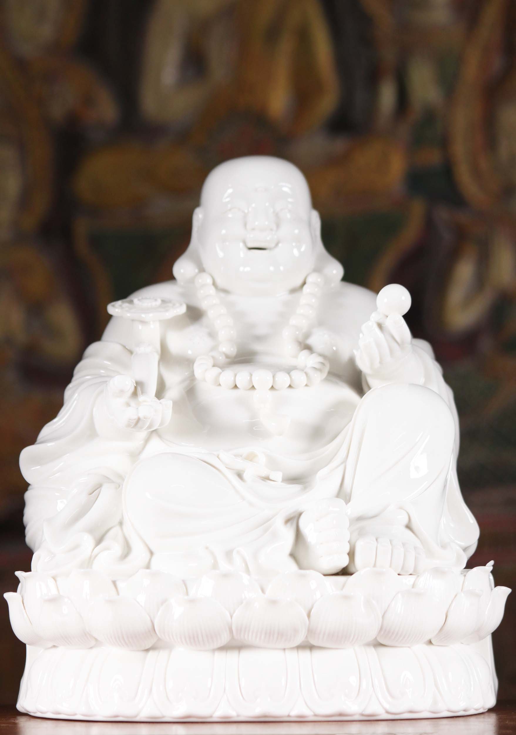 Porcelain Fat & Happy Buddha on Lotus Base 10"