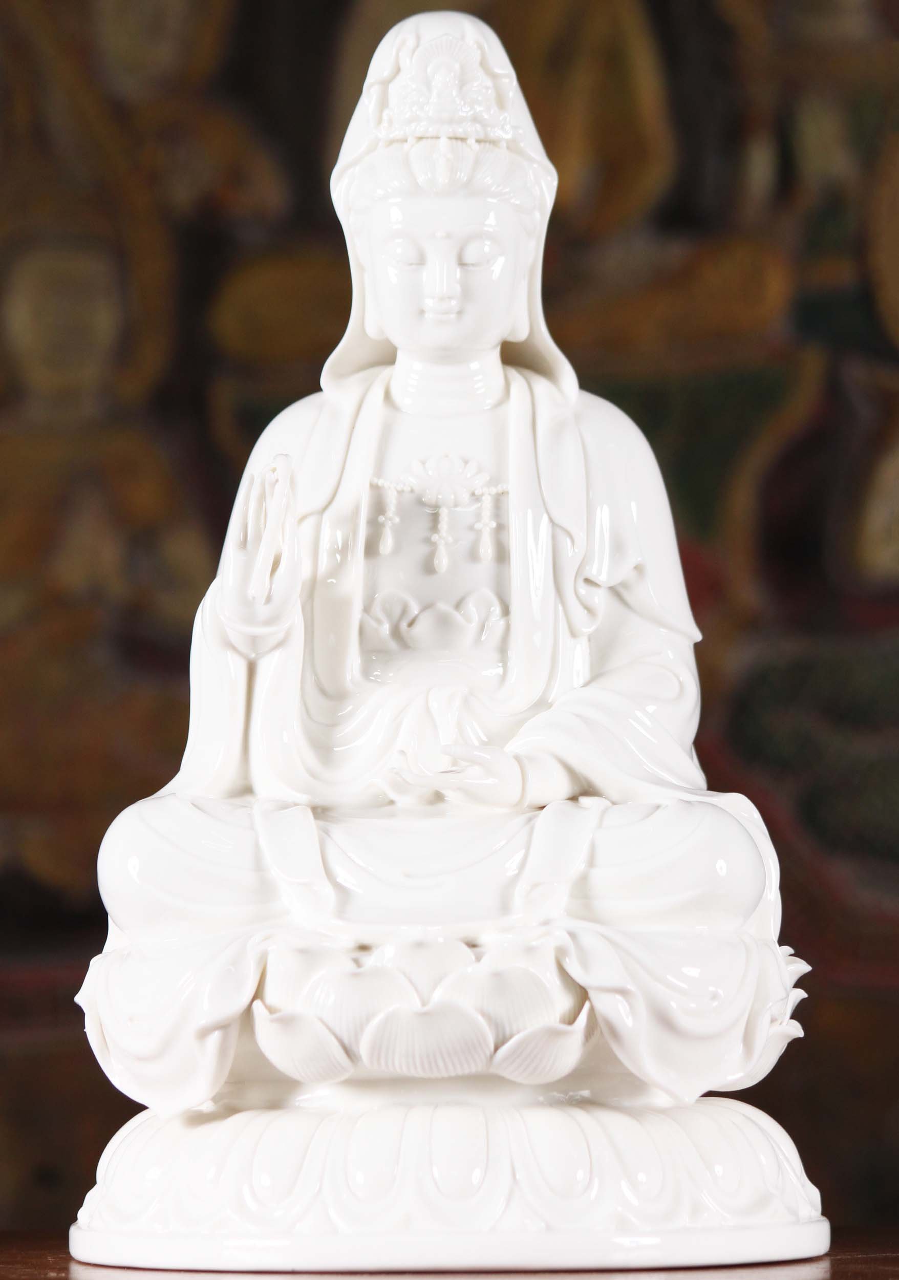 Porcelain Kwan Yin Statue Holding Healing Sprig 13"