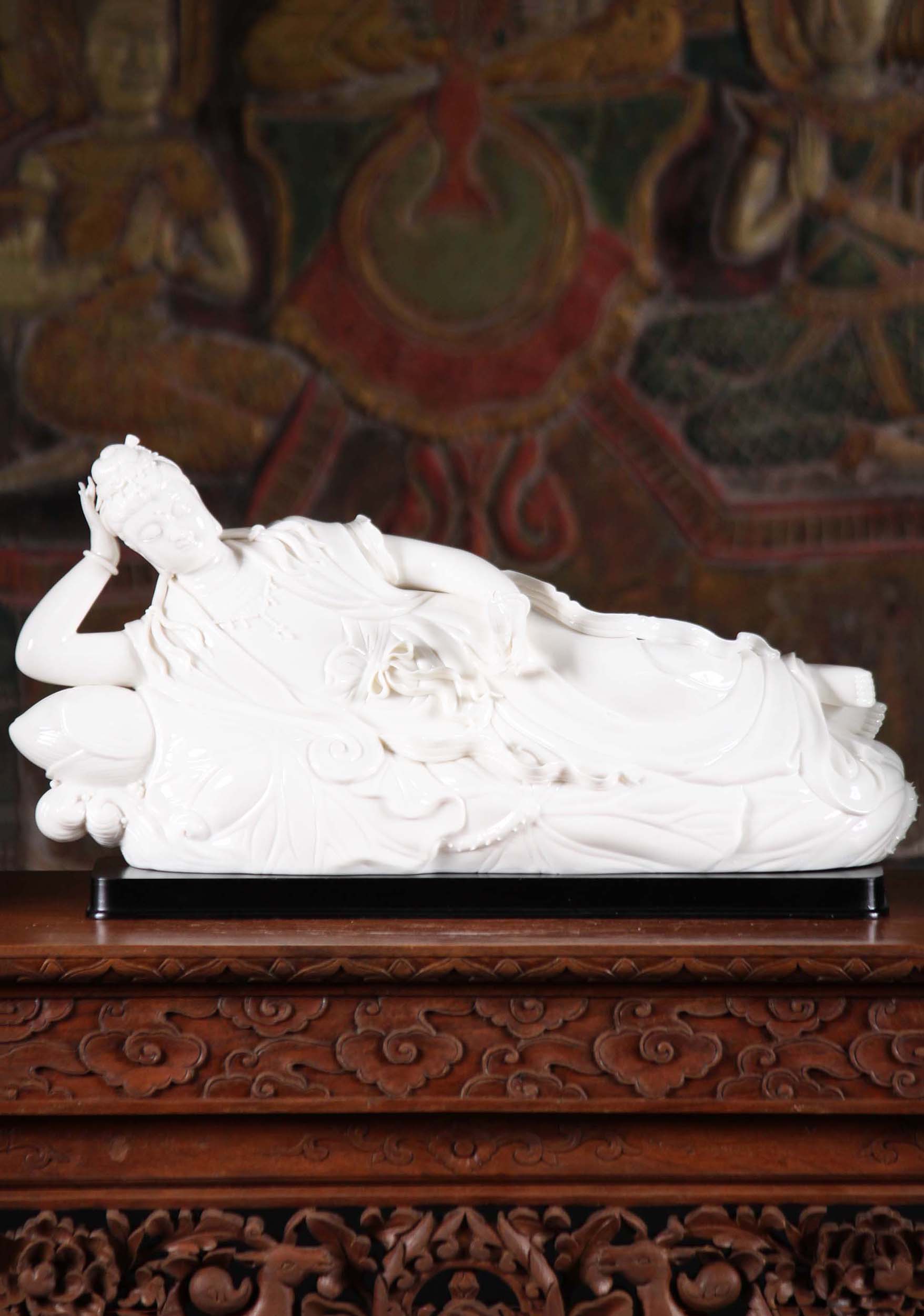 Pure White Porcelain Reclining Avalokiteshvara Statue Laying on Lily Pads 14"