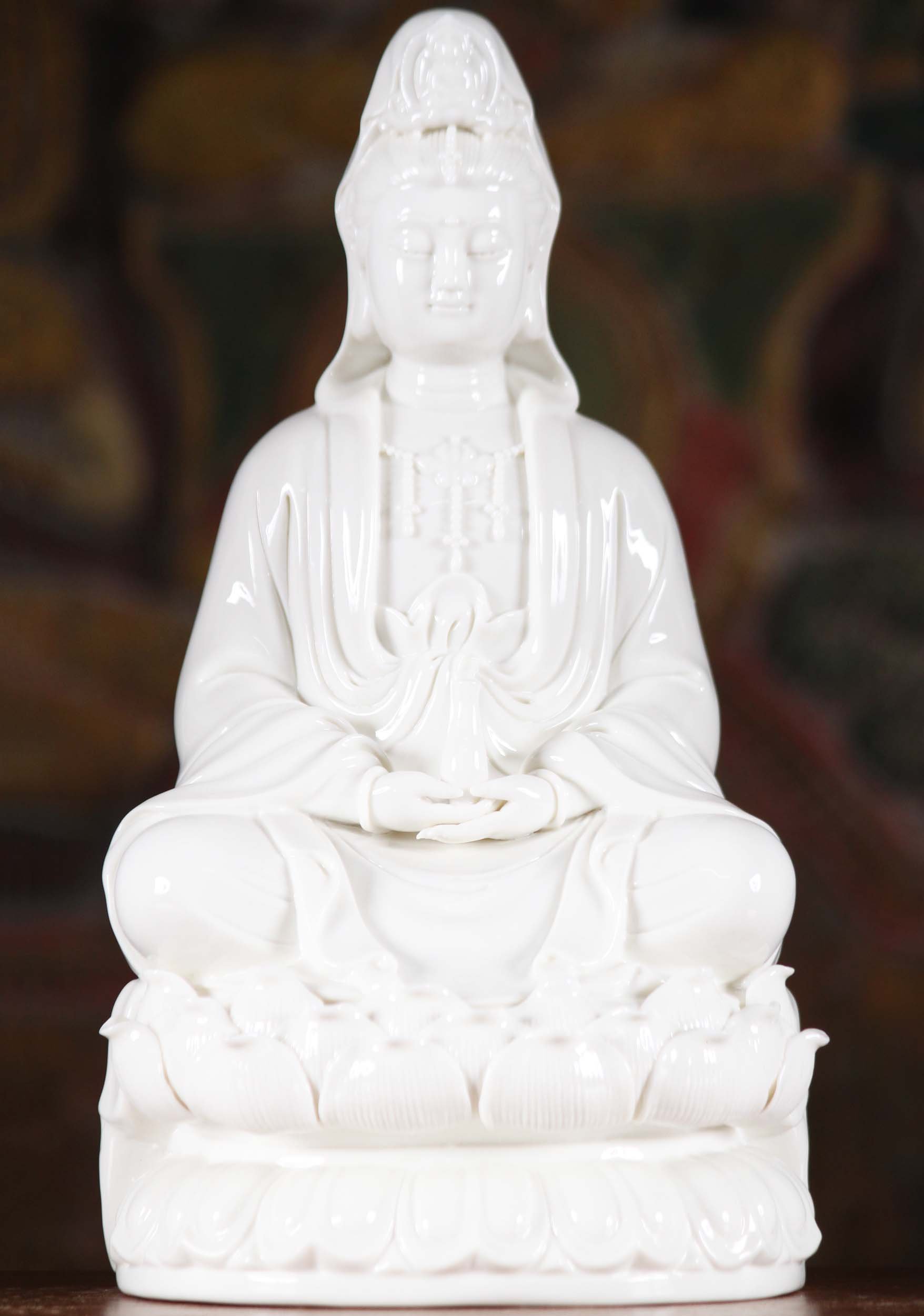 Porcelain Kwan Yin Meditating With Vase 11"