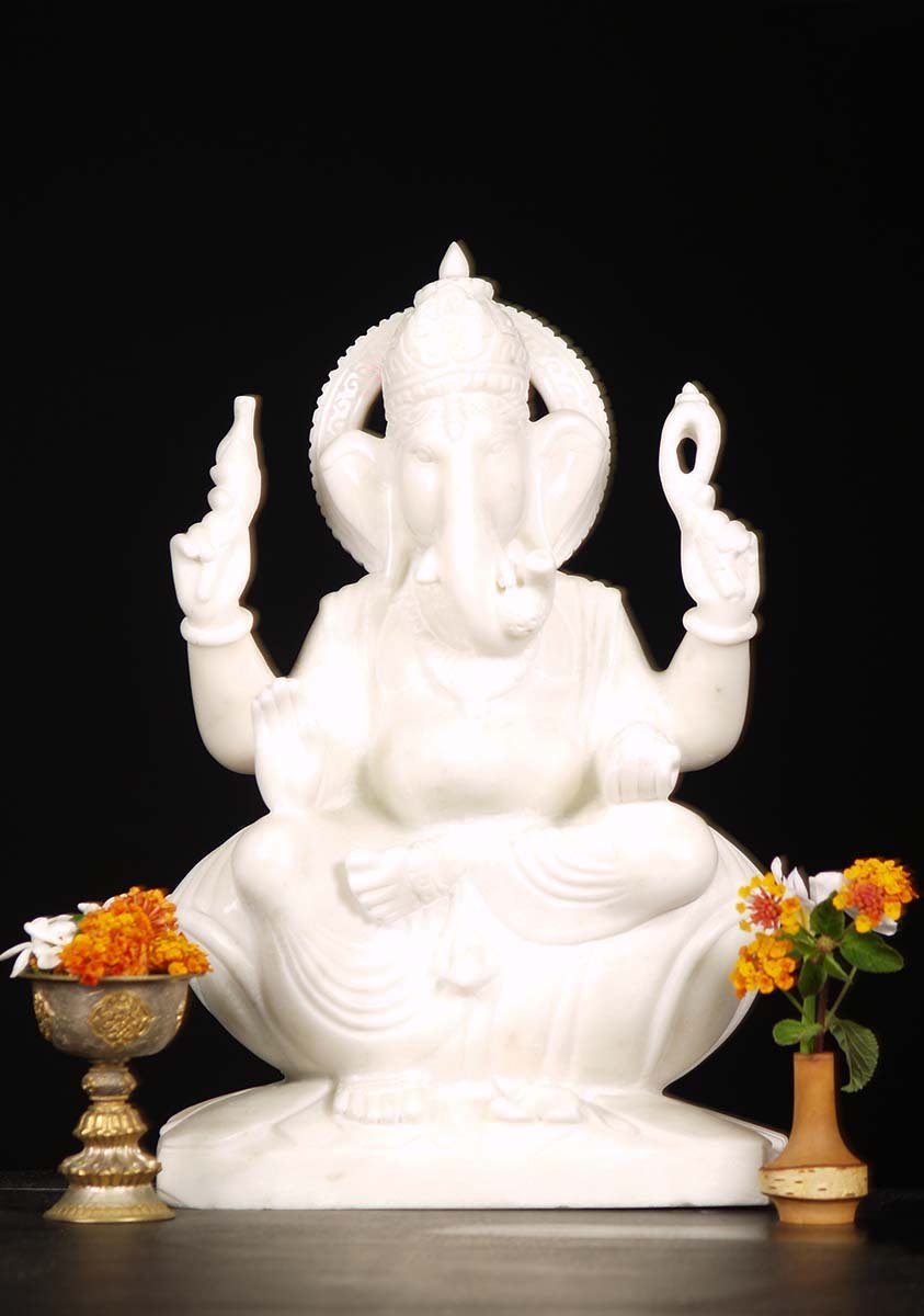 Pure White Marble Ganesh Statue 18"