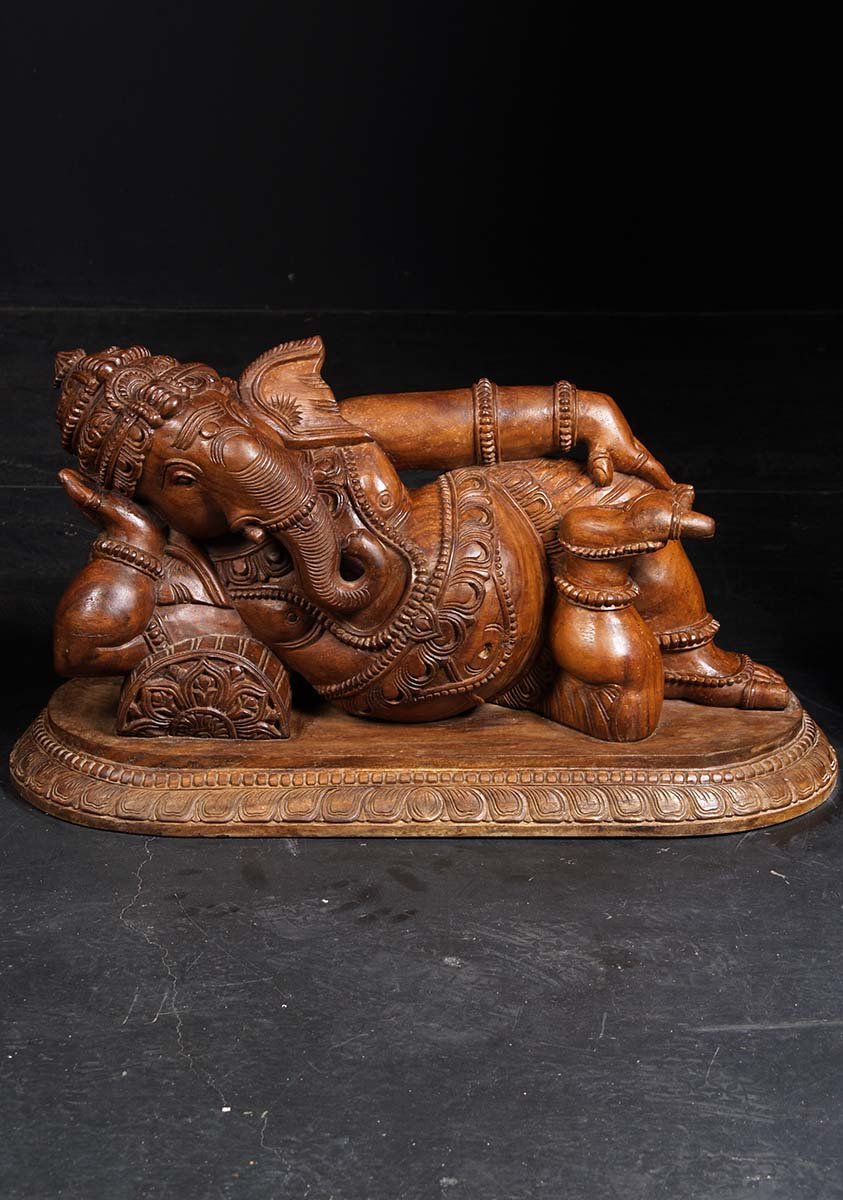 Wood Reclining Ganesh Statue 37"