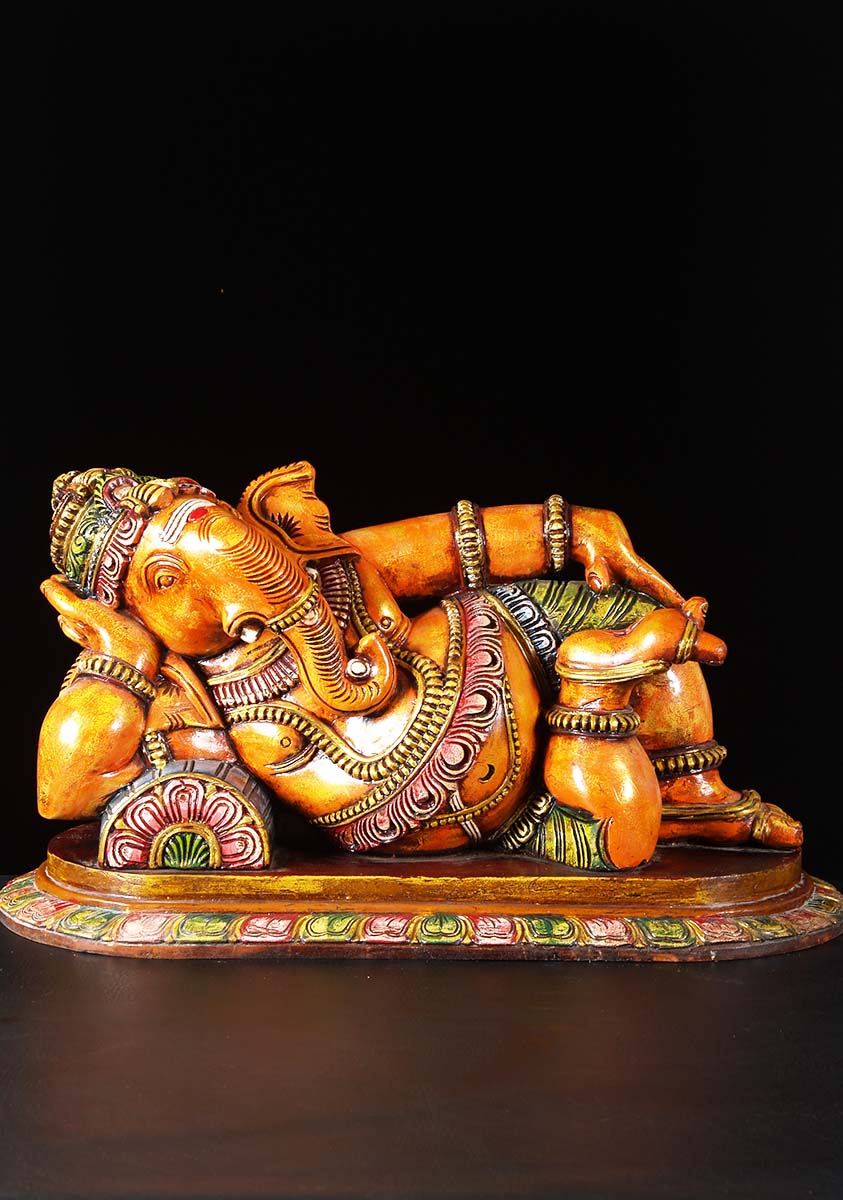 Reclining Wood Ganesh Carving 26"