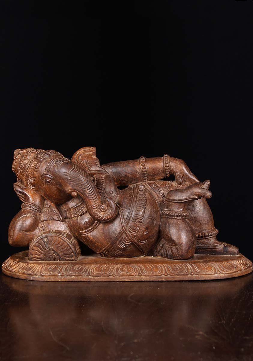 Natural Wood Lounging Ganesh Statue 19"