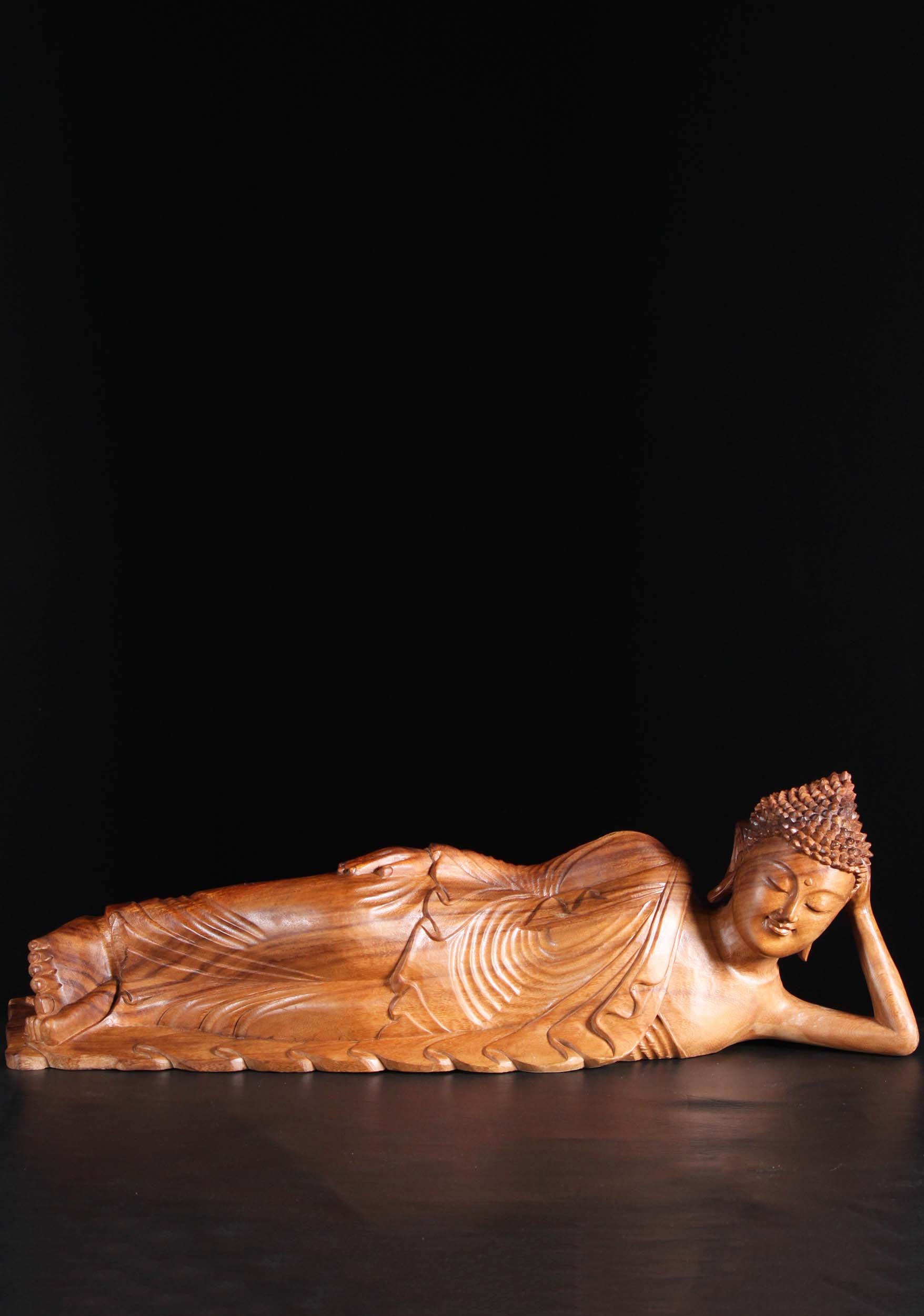 Wooden Reclining Buddha Sculpture 34"