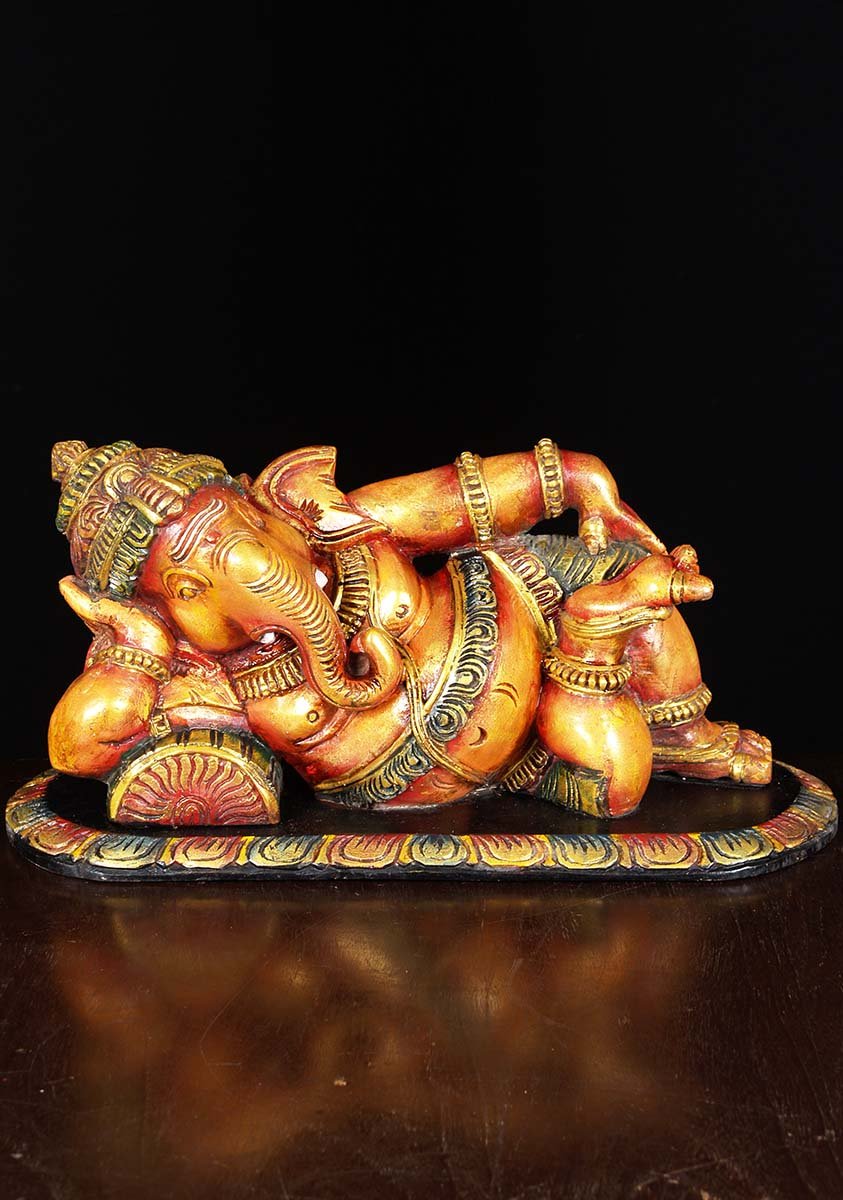 Wooden Reclining Ganesh Statue 19"