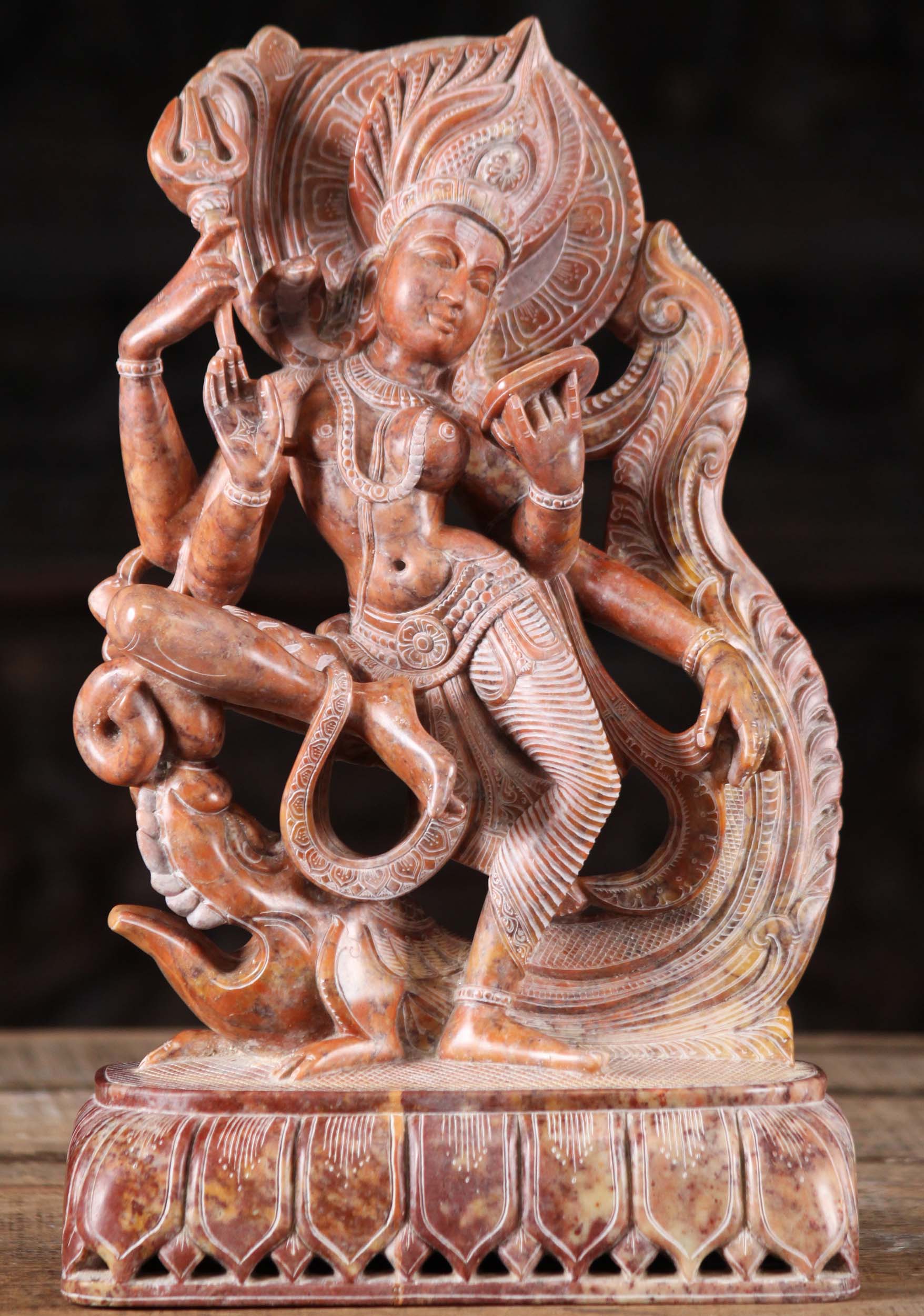 Red Marble Dancing Ardhanari With Makara Statue 14"