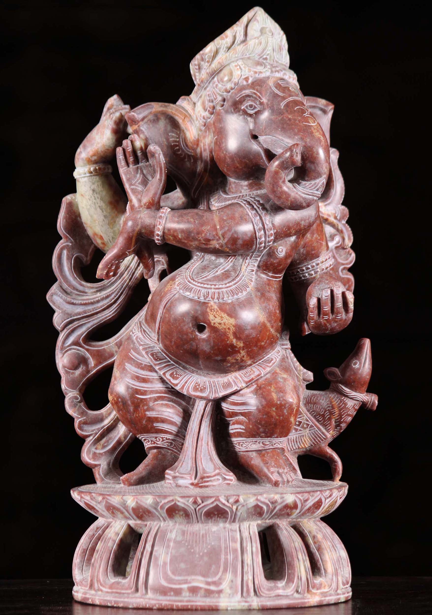 Red Marble Dancing Ganesh Statue with Rat 13"