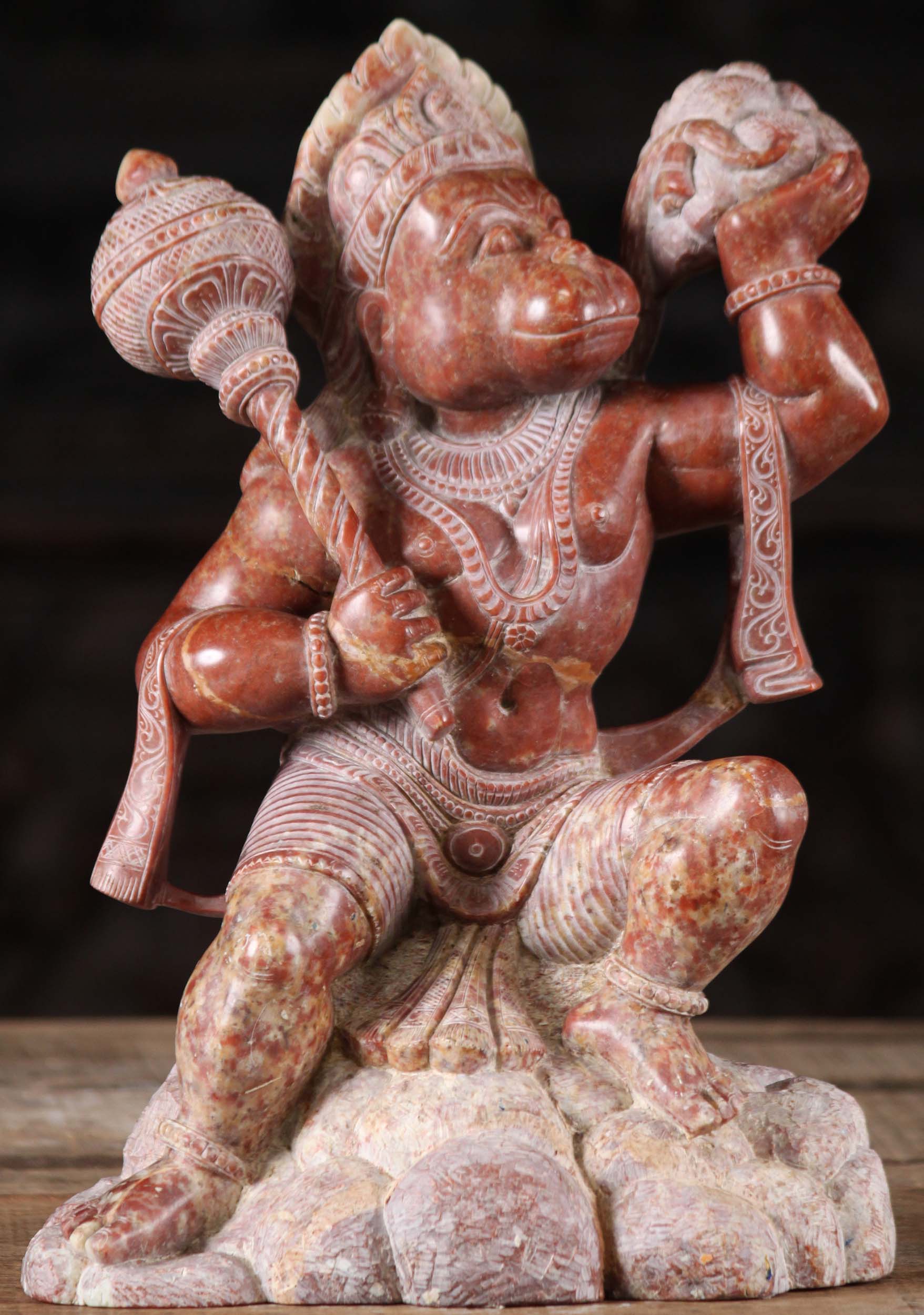 Red Marble Hanuman Carrying The Mountain Statue 13"