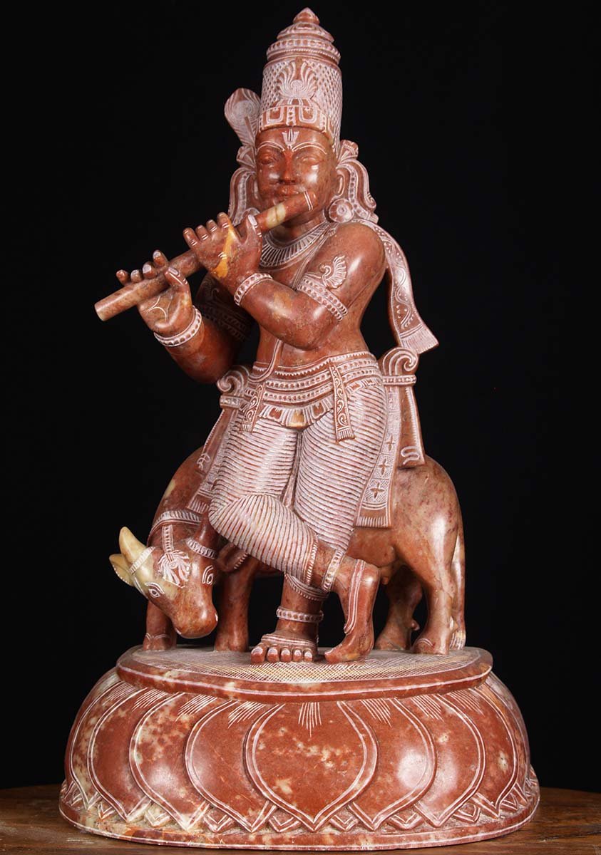SOLD Red Marble Krishna with Cow Statue 18" (#80rm4): Hindu Gods