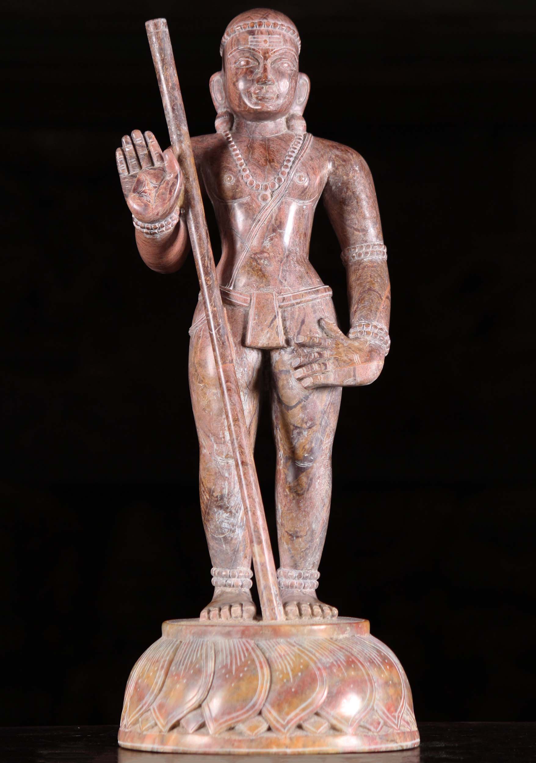 Red Marble Murugan Statue Holding Vel 15"